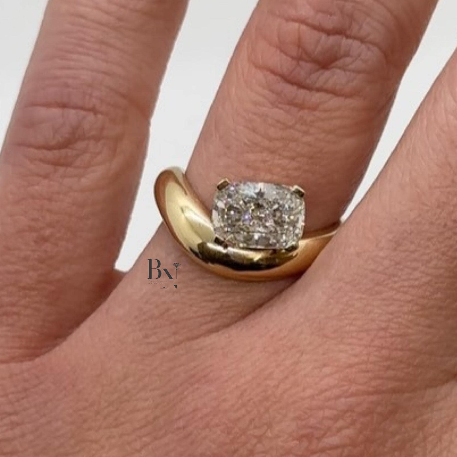 1ct Cushion Lab Grown Diamond Engagement Ring | Bypass Semi Bezel Solitaire 14K Yellow Gold