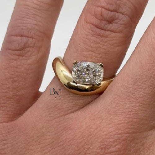 1.00ct Cushion Lab Diamond Engagement Ring | Yellow Gold Bypass Solitaire | Semi Bezel Set Unique Bridal Ring | Modern Sculptural