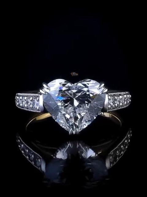 3ct Heart Lab Grown Diamond Engagement Ring | Two Tone Milgrain Pavé Hidden Halo 14K Gold