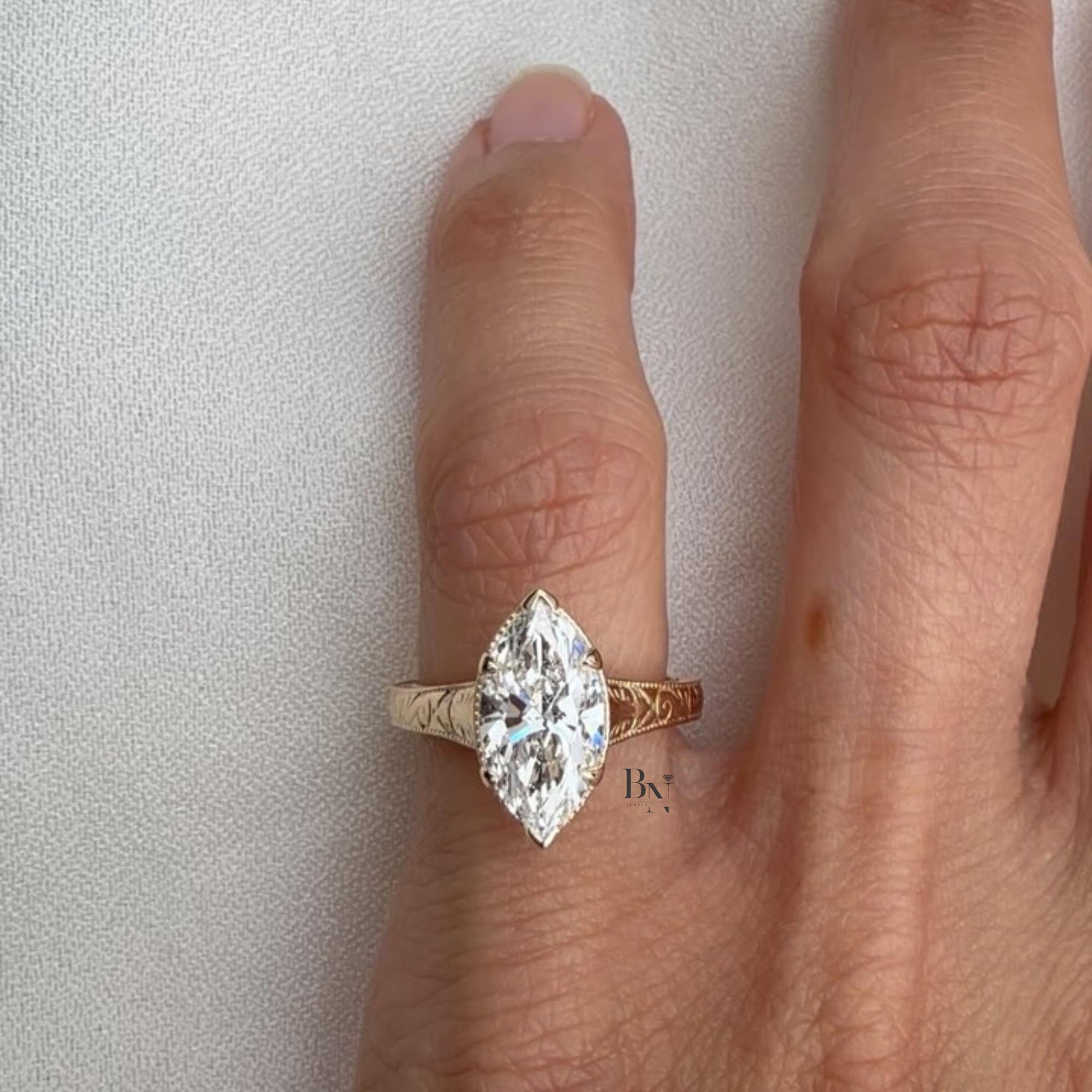 3ct Marquise Lab Grown Diamond Engagement Ring | Vintage Hand Engraved Solitaire 14K Gold