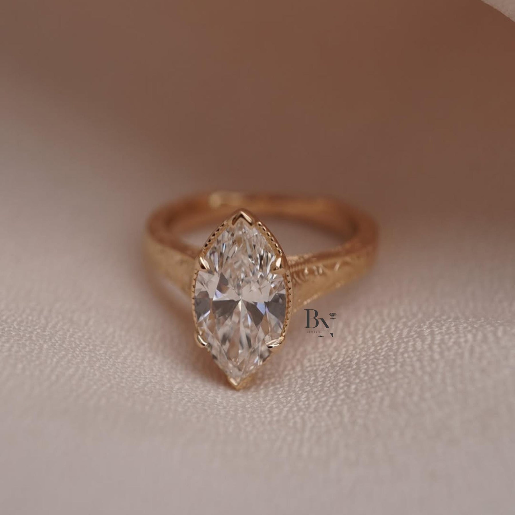 3ct Marquise Lab Grown Diamond Engagement Ring | Vintage Hand Engraved Solitaire 14K Gold