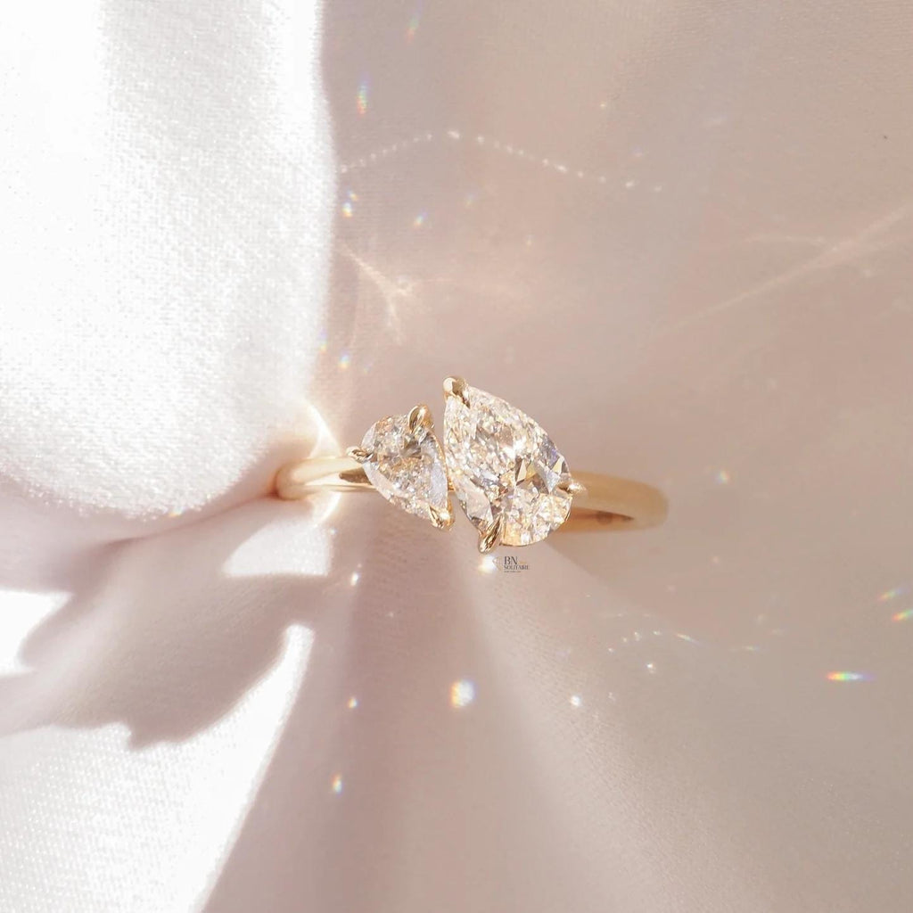 1 ctw Pear Lab Diamond Toi et Moi Ring | 14K Yellow Gold Asymmetrical Engagement | Two Stone Bypass Proposal Gift | Minimalist Luxury