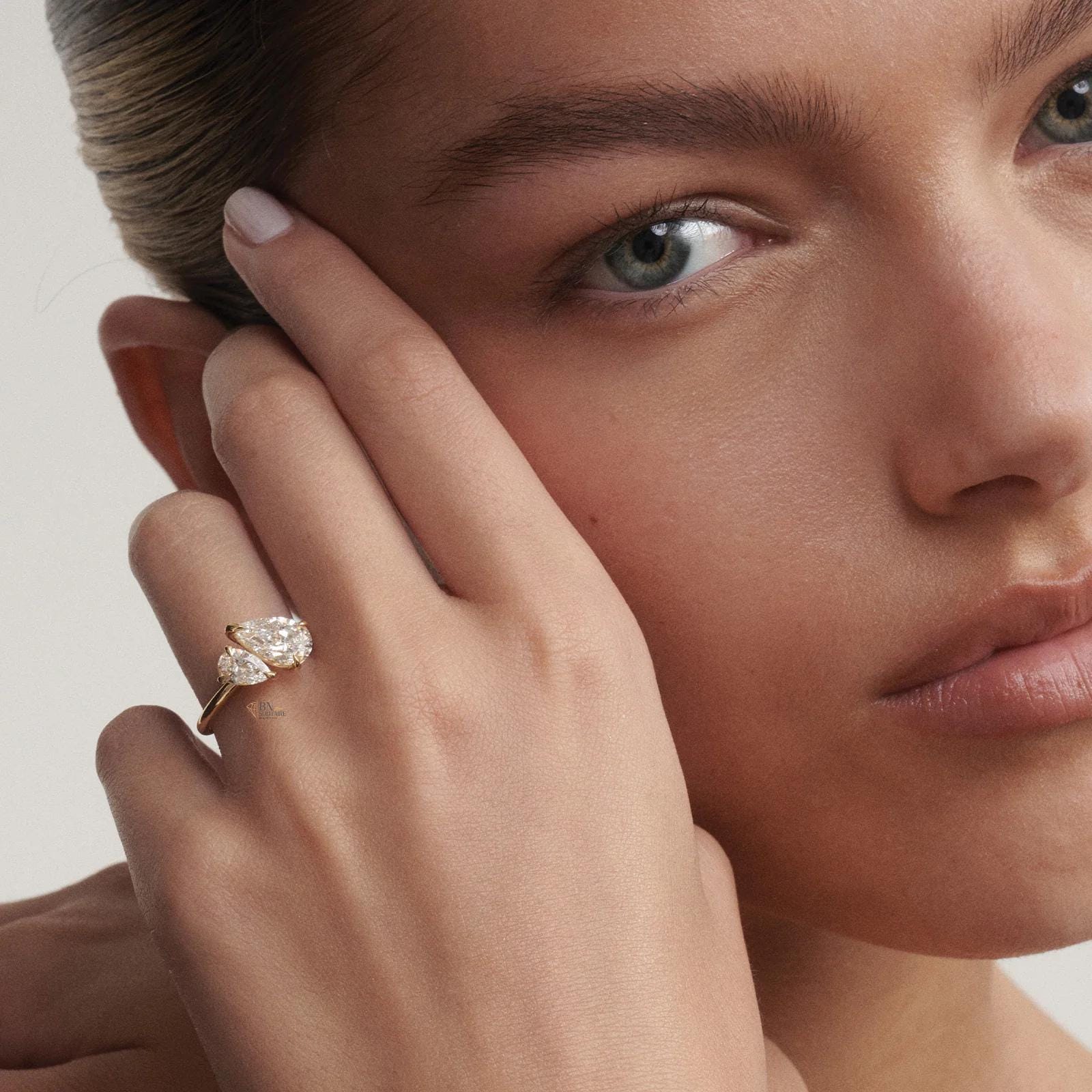 1 ctw Pear Lab Diamond Toi et Moi Ring | 14K Yellow Gold Asymmetrical Engagement | Two Stone Bypass Proposal Gift | Minimalist Luxury
