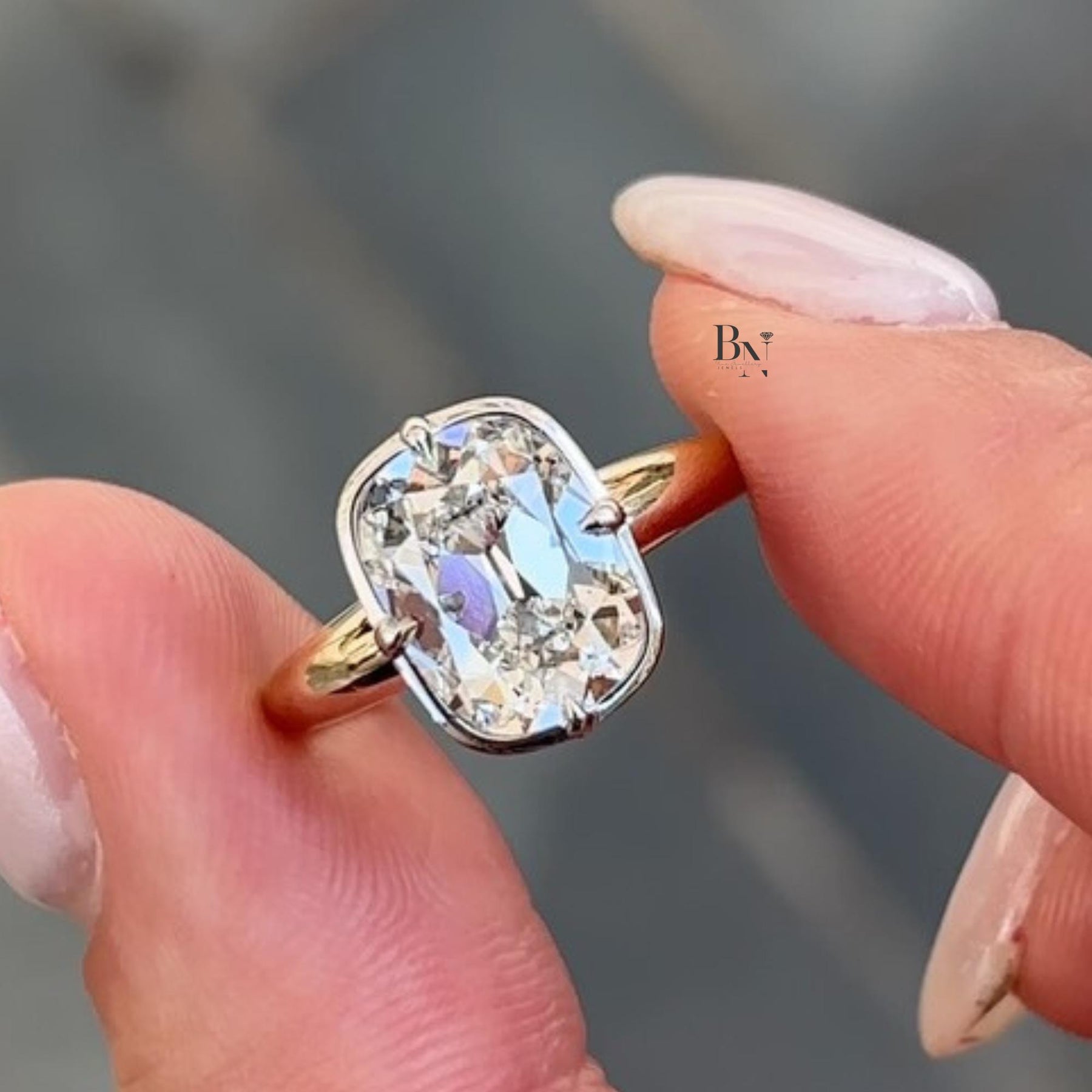 3ct Old Mine Cushion Lab Grown Diamond Engagement Ring | Bypass Solitaire 14K Yellow Gold