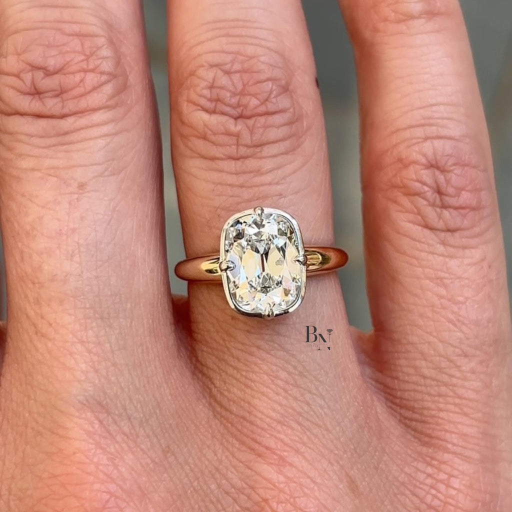 3.00ct Old Mine Cushion Lab Diamond Ring | Yellow Gold Bypass Solitaire | Two Tone Semi Bezel Engagement Ring | Vintage Modern