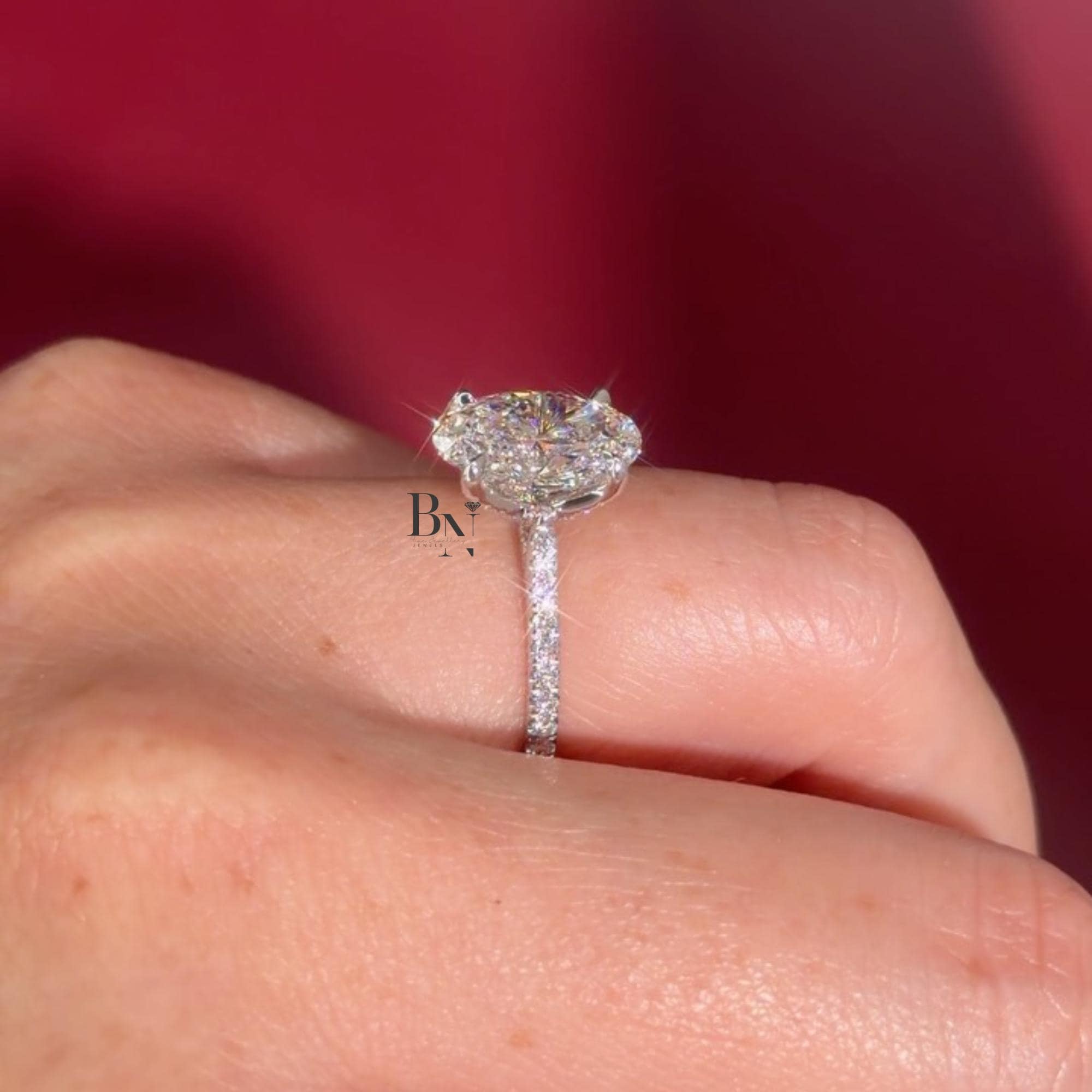 3.00 CT Oval Lab Diamond Engagement Ring | Lotus Basket Setting | Pave Band | 14K Yellow Gold Solitaire | IGI Certified | Elongated Oval
