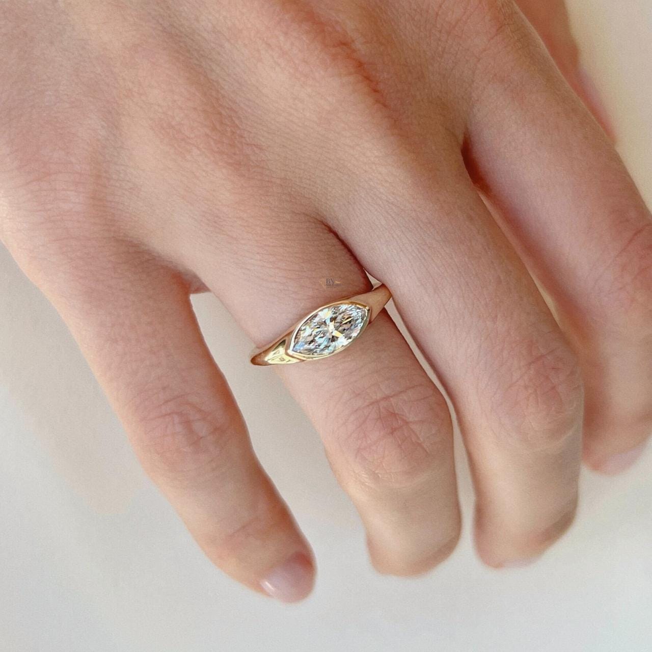 1.2ct Marquise Lab Grown Diamond Engagement Ring | East West Half Bezel Solitaire 14K Yellow Gold