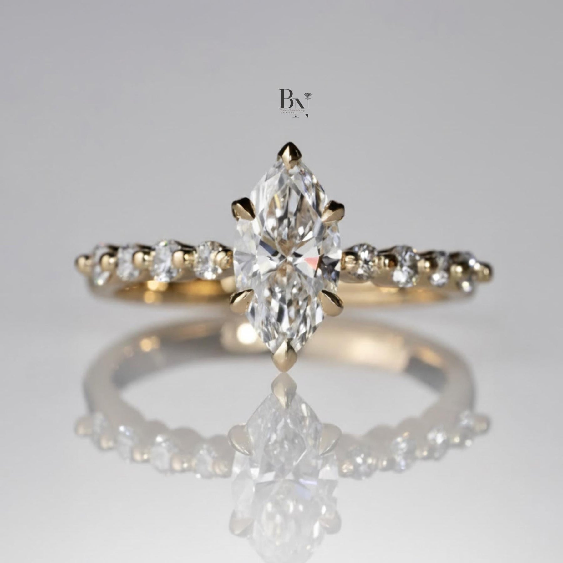 1ct Marquise Lab Grown Diamond Engagement Ring | Vintage Pavé Solitaire 14K Yellow Gold
