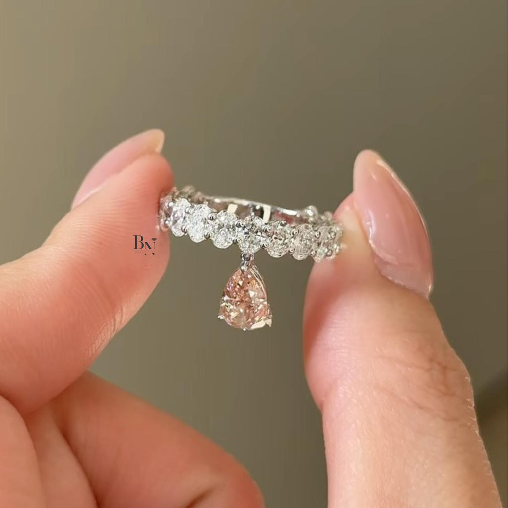 1.00ct Lab Diamond Eternity Band | Dangling Pear Accent Wedding Ring | Floating Diamond Charm | White Gold Luxury