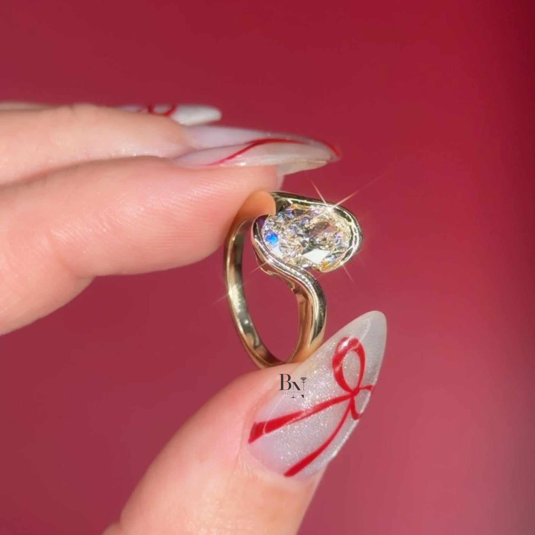 3ct Oval Lab Grown Diamond Engagement Ring | Swirl Bypass Setting 14K Gold