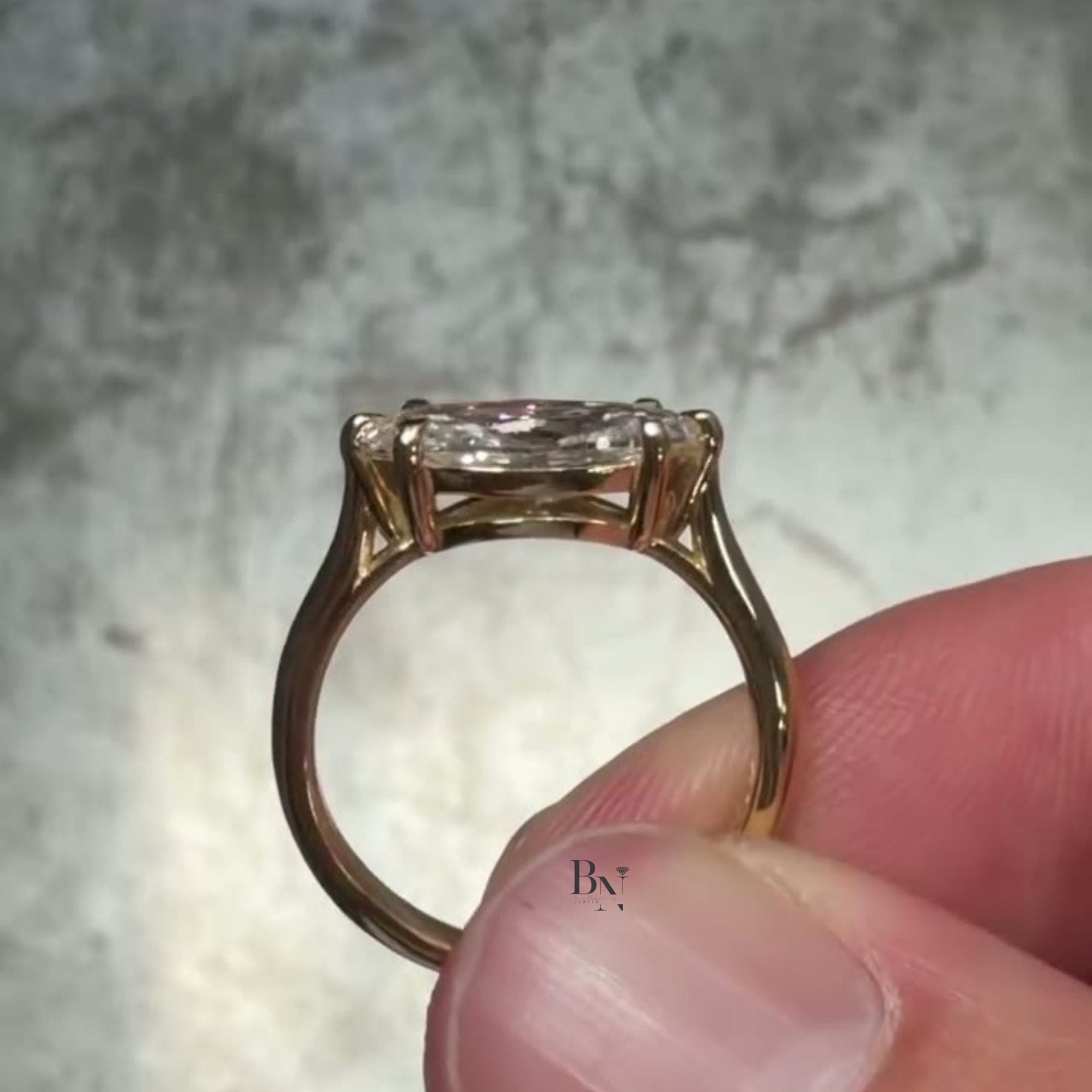 3ct East West Marquise Lab Grown Diamond Engagement Ring | Horizontal Pavé Solitaire 14K Yellow Gold