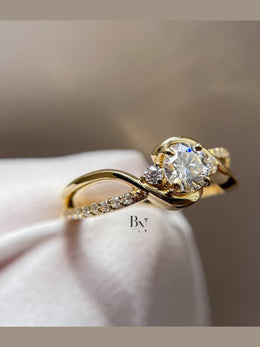 1ct Round Lab Grown Diamond Engagement Ring | Swirl Bypass Pavé Solitaire 14K Yellow Gold