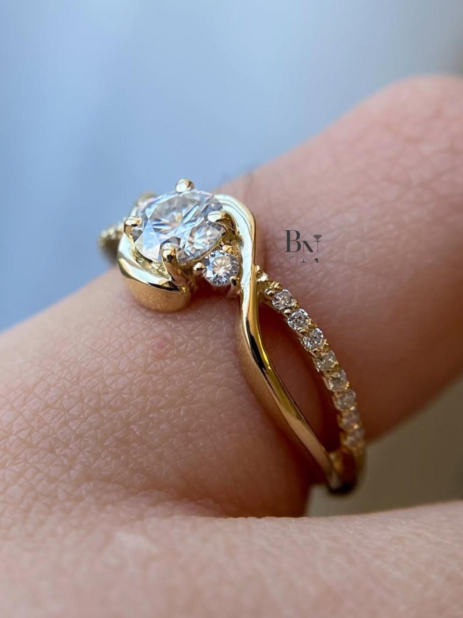 1ct Round Lab Grown Diamond Engagement Ring | Swirl Bypass Pavé Solitaire 14K Yellow Gold