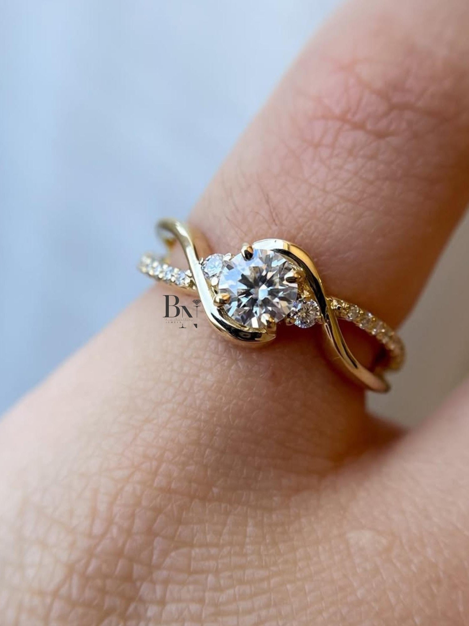 1ct Round Lab Grown Diamond Engagement Ring | Swirl Bypass Pavé Solitaire 14K Yellow Gold