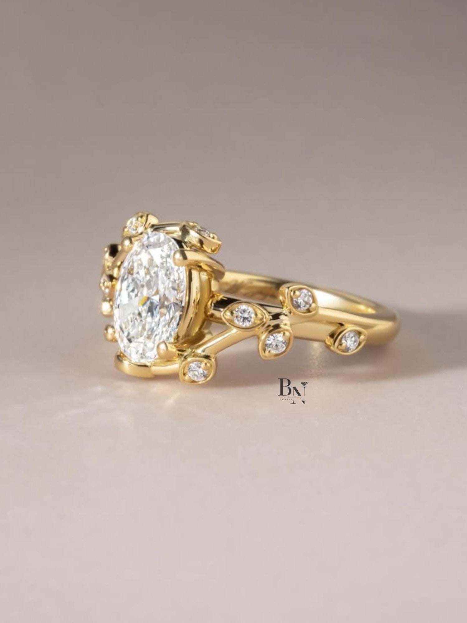 1.50ct Oval Lab Grown Diamond Engagement Ring | Leaf and Vine Nature Inspired 14K White Gold