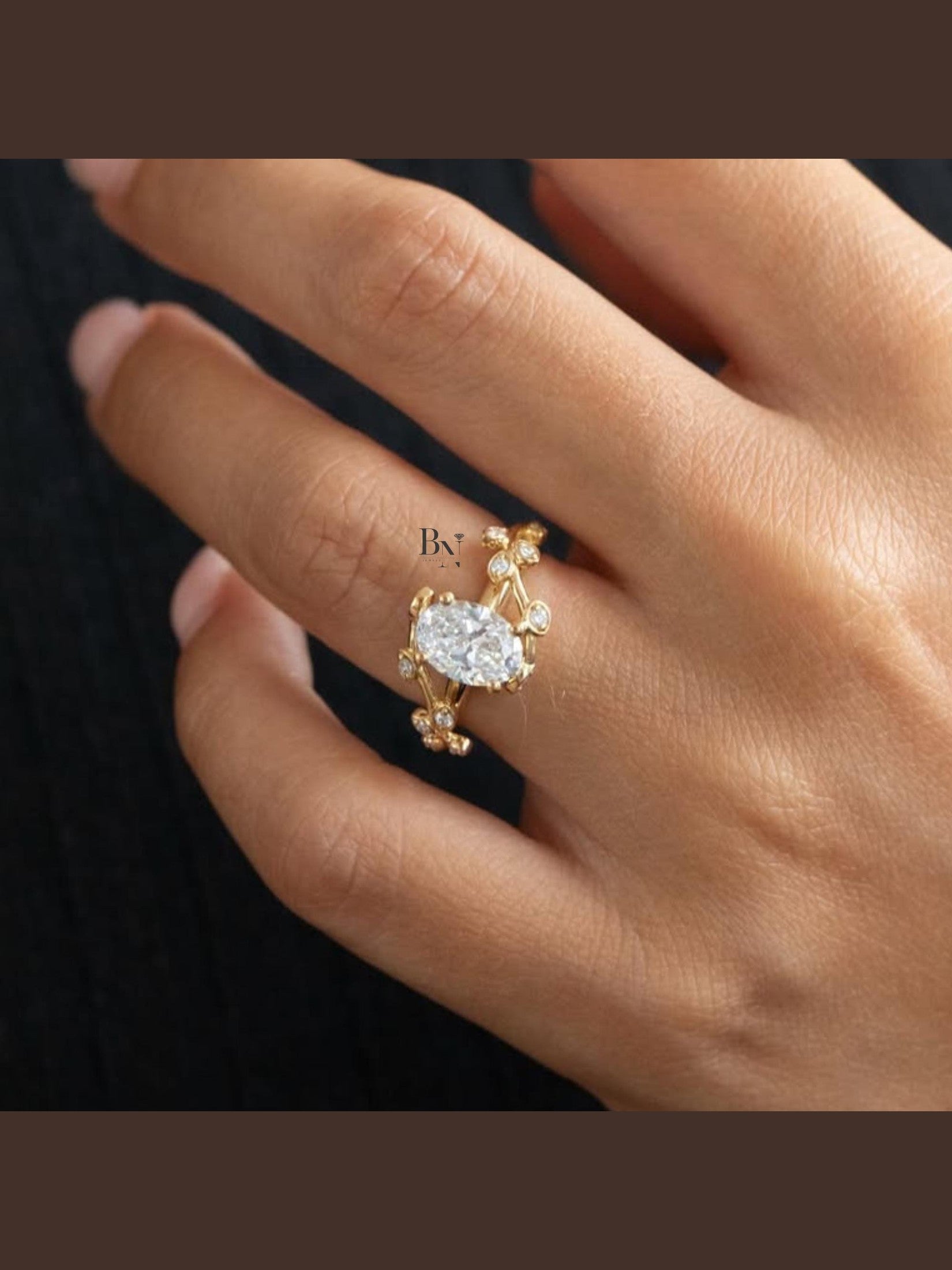 1.50ct Oval Lab Grown Diamond Engagement Ring | Leaf and Vine Nature Inspired 14K White Gold