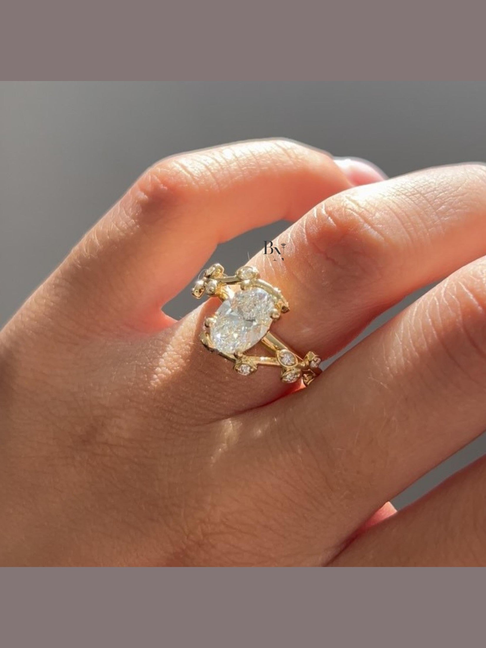1.50ct Oval Lab Grown Diamond Engagement Ring | Leaf and Vine Nature Inspired 14K White Gold