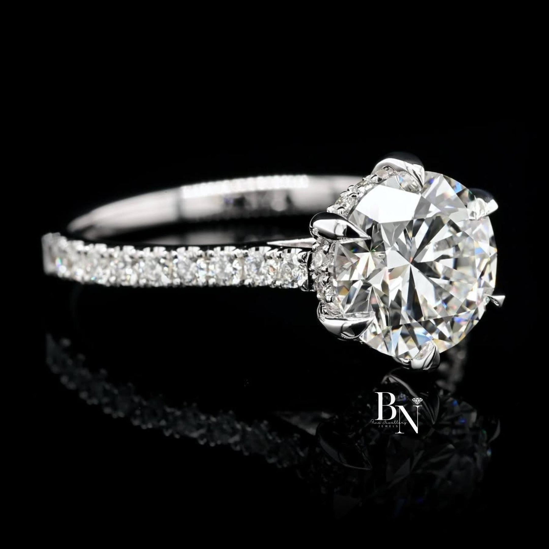 1ct Round Lab Grown Diamond Engagement Ring | Halo Pavé Band 14K White Gold