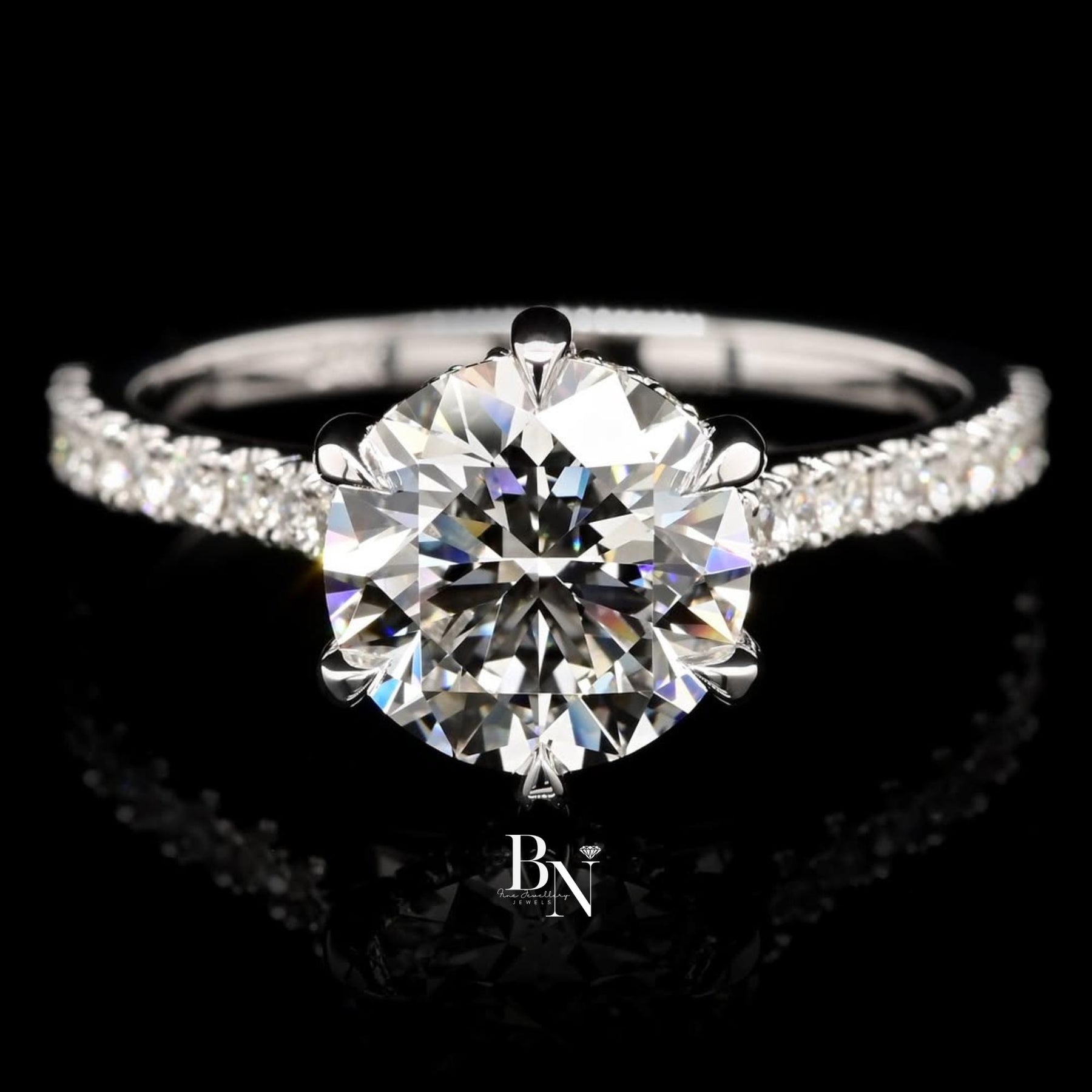 1ct Round Lab Grown Diamond Engagement Ring | Halo Pavé Band 14K White Gold