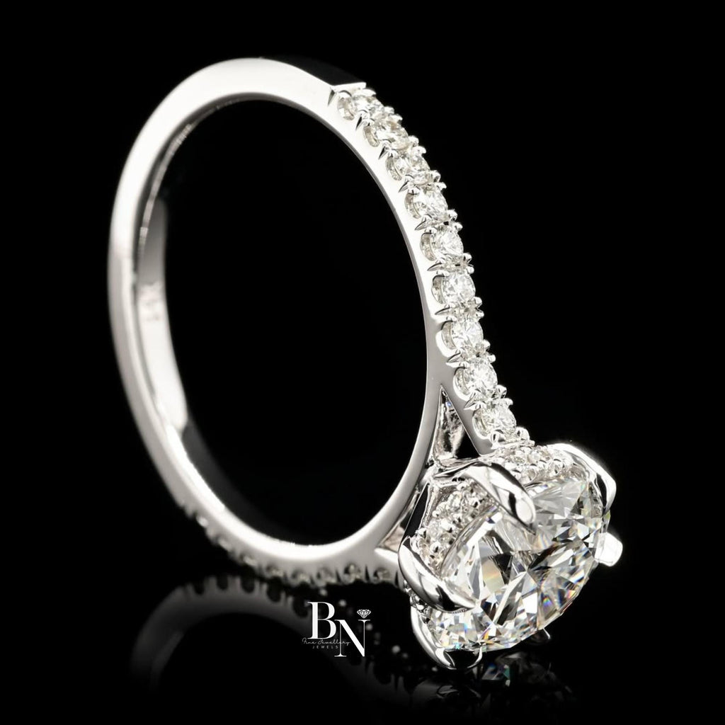 1.00 CT Round Lab Diamond Halo Engagement Ring | 14K White Gold Pave Band | IGI Certified | Round Brilliant Proposal Gift