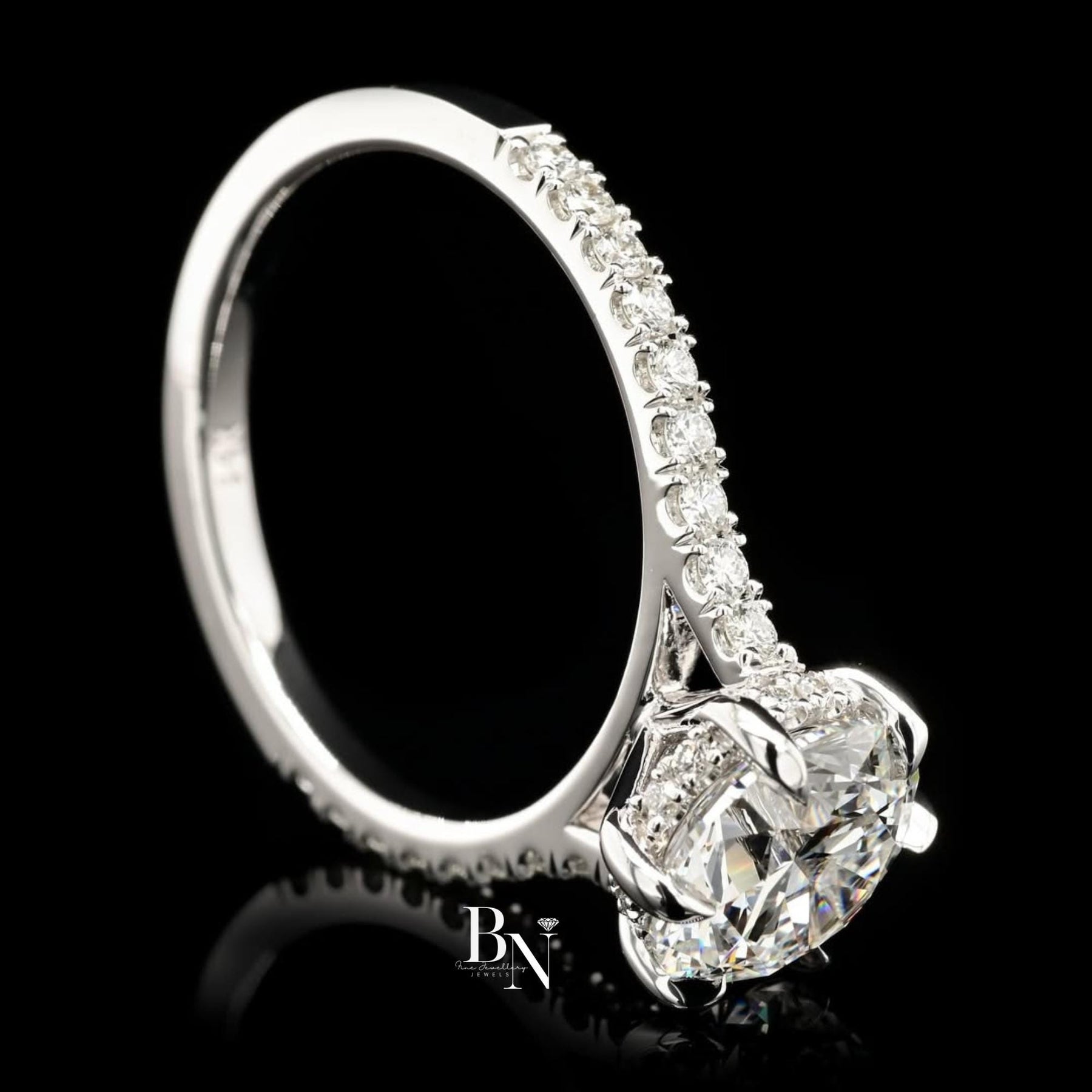 1ct Round Lab Grown Diamond Engagement Ring | Halo Pavé Band 14K White Gold
