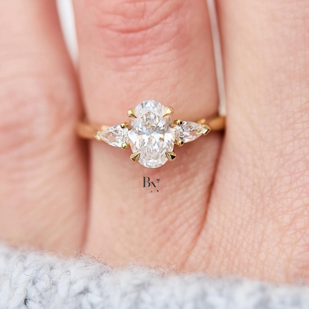 1.00ct Oval Lab Diamond Engagement Ring | Marquise Dot Accents 14K Gold | Vintage Proposal Ring | IGI Certified | Dainty