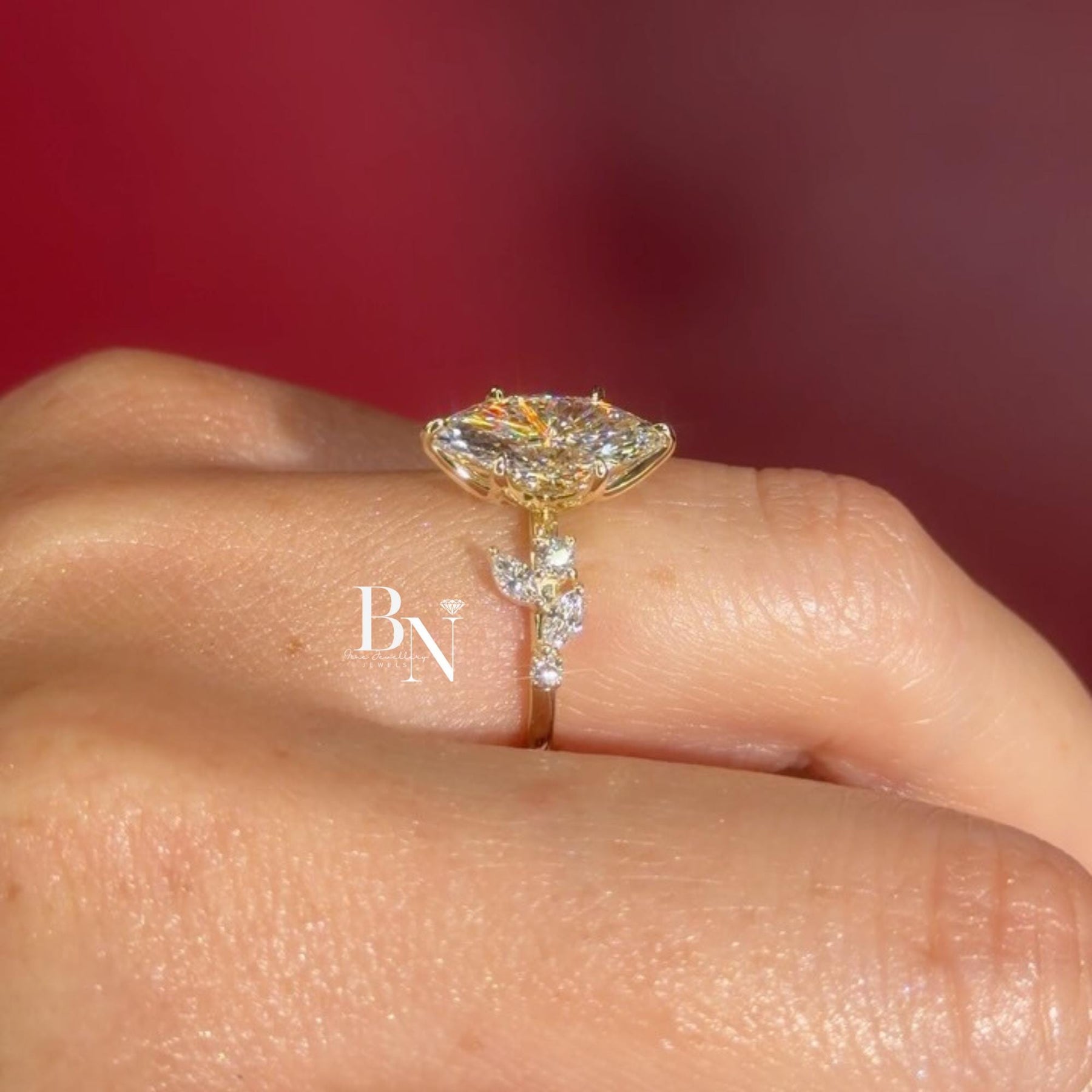 3ct Marquise Lab Grown Diamond Engagement Ring | Vine Leaf Cluster Pavé Accents 14K Gold