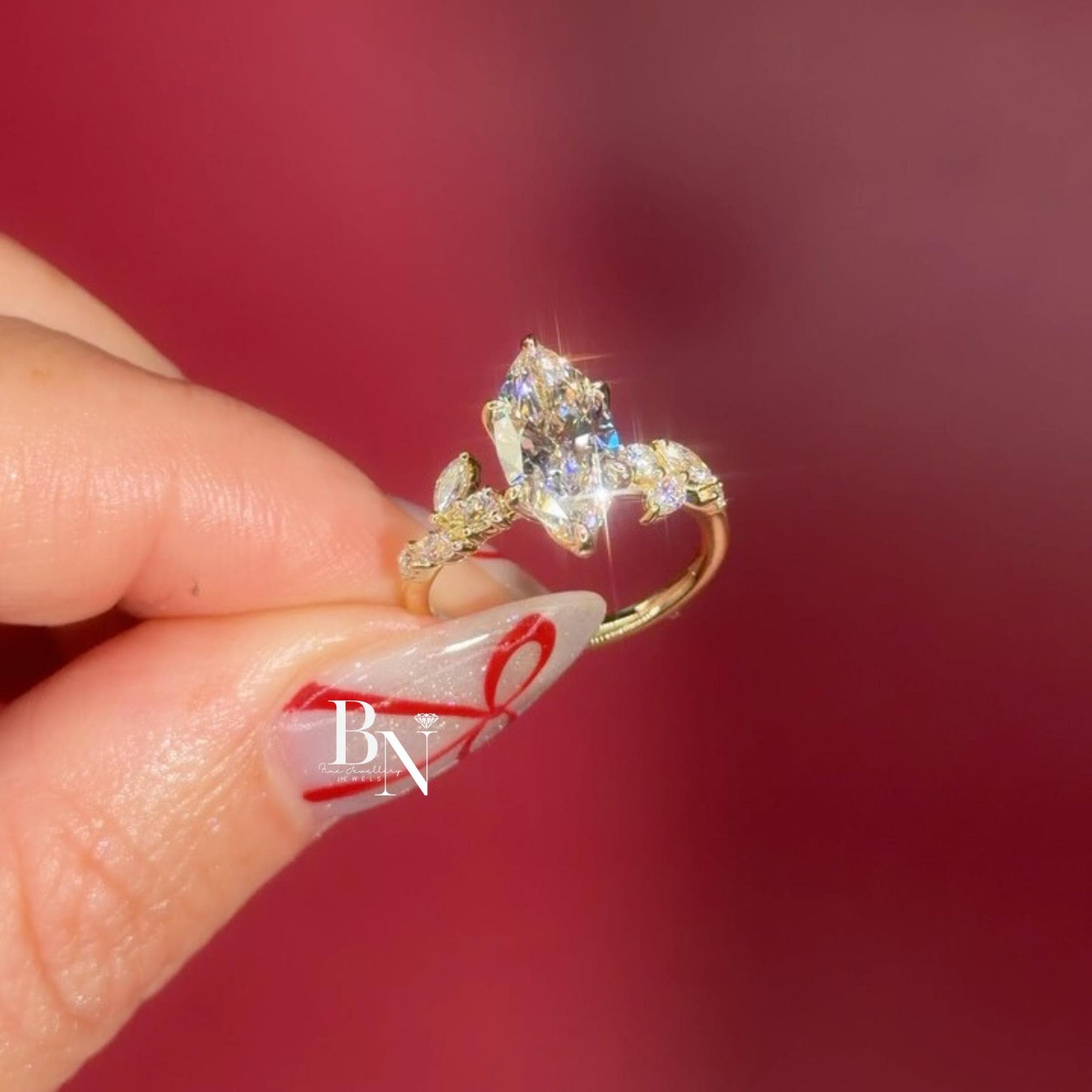 3ct Marquise Lab Grown Diamond Engagement Ring | Vine Leaf Cluster Pavé Accents 14K Gold
