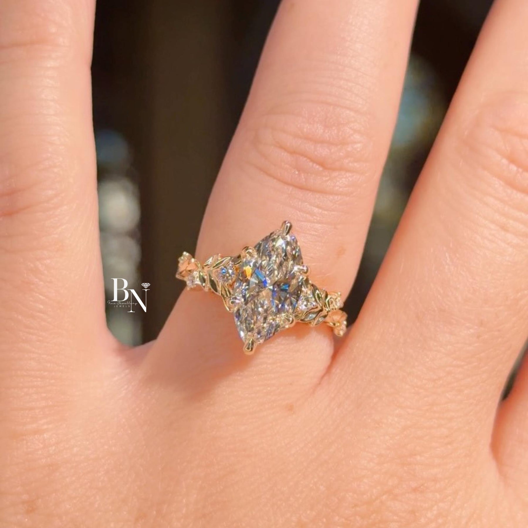 3ct Marquise Lab Grown Diamond Engagement Ring | Vine Leaf Floral Band 14K Gold