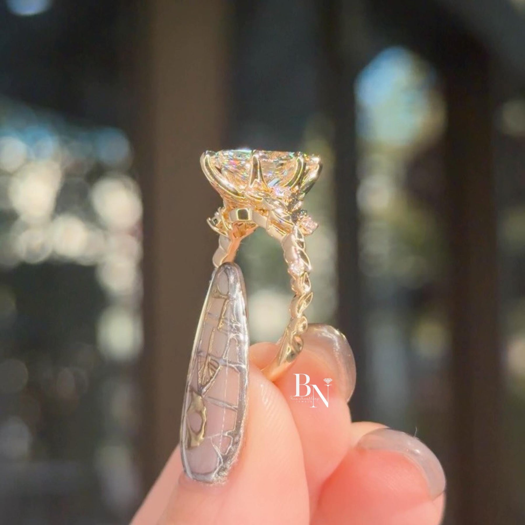 3ct Marquise Lab Grown Diamond Engagement Ring | Vine Leaf Floral Band 14K Gold