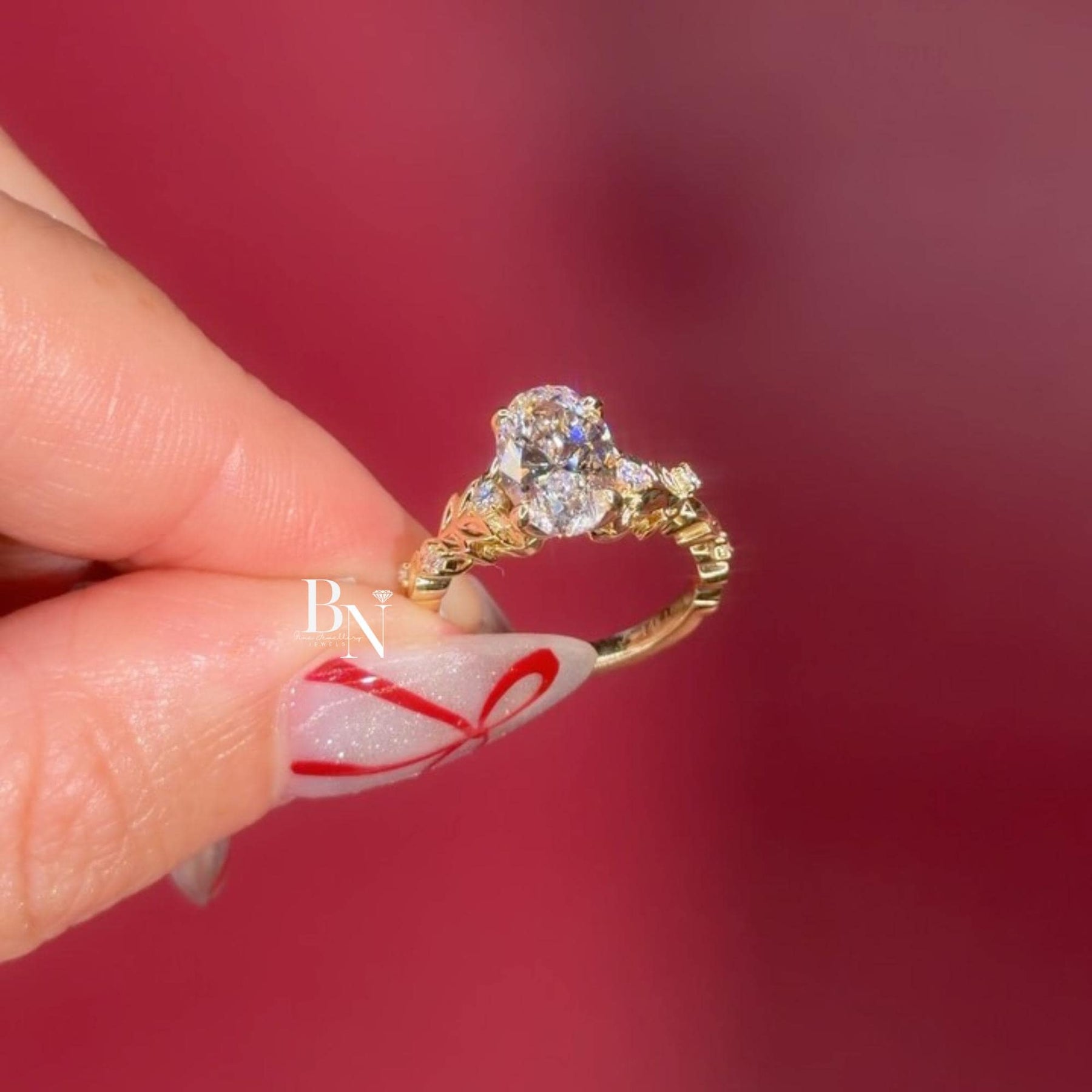 3ct Oval Lab Grown Diamond Engagement Ring | Vine Floral Leaf Cluster 14K Gold
