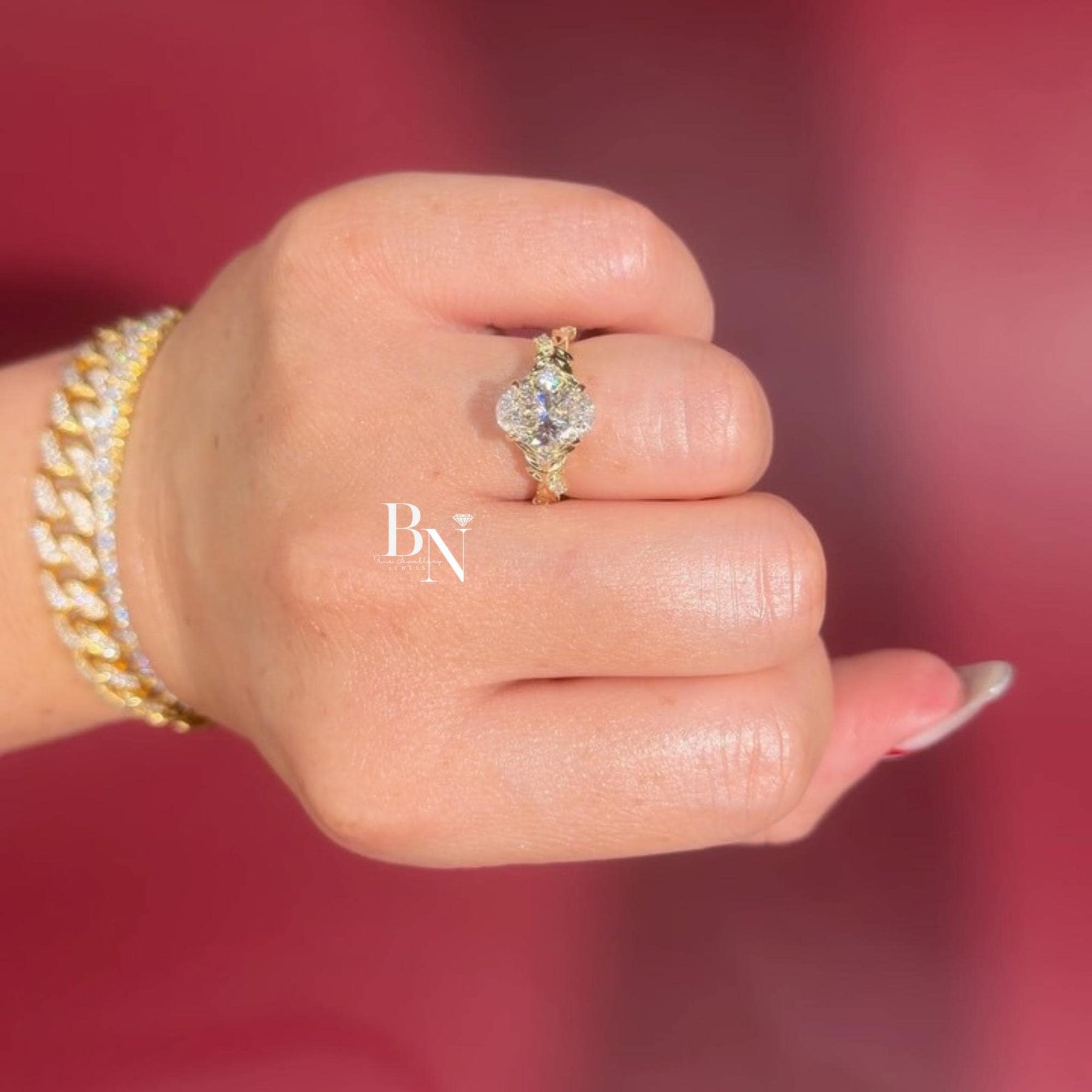 3ct Oval Lab Grown Diamond Engagement Ring | Vine Floral Leaf Cluster 14K Gold