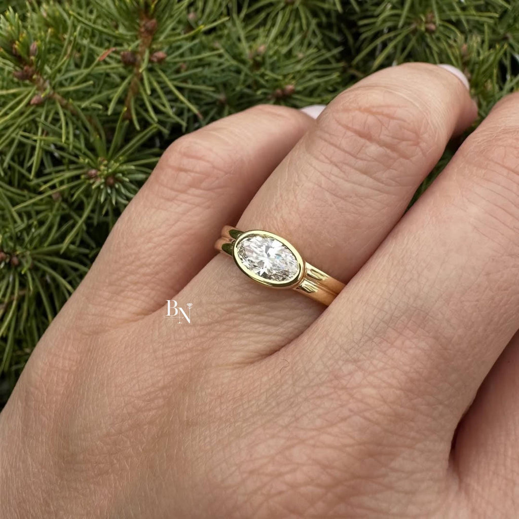1.00ct Oval Lab Diamond Engagement Ring | East West Full Bezel Double Band 14K Yellow Gold | Minimalist Quiet Luxury Horizontal Solitaire