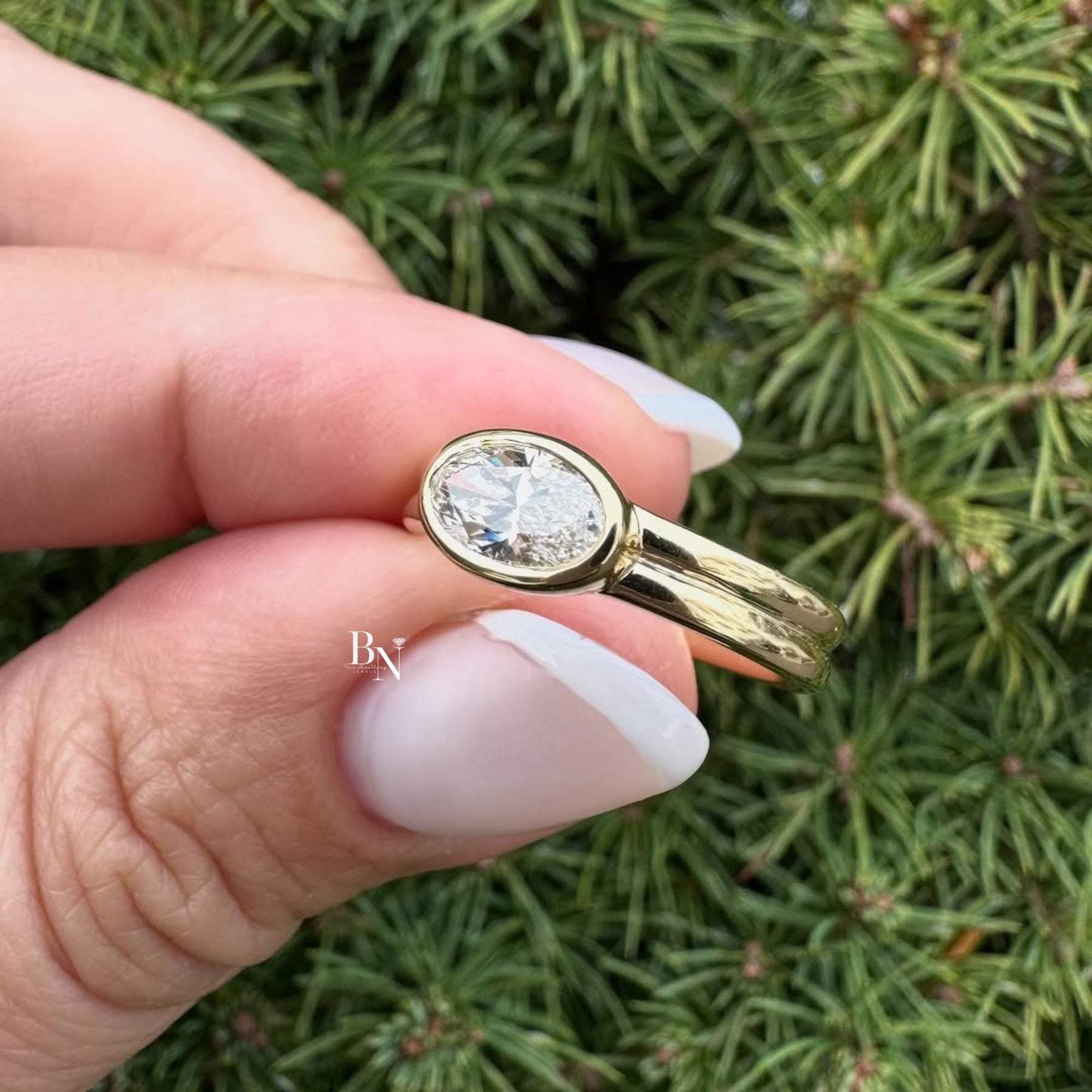 1ct Oval Lab Grown Diamond Engagement Ring | East West Full Bezel Minimalist 14K Yellow Gold