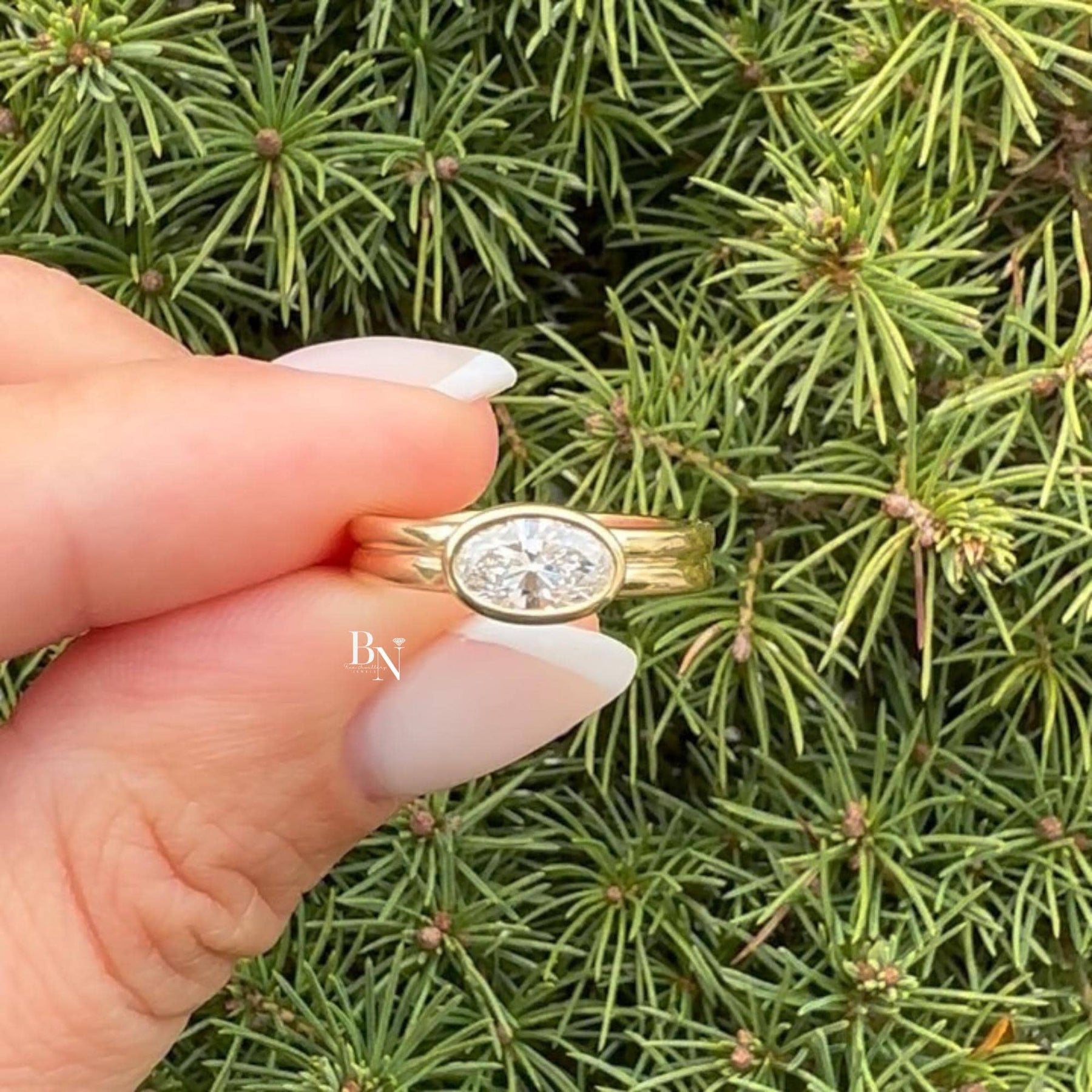 1ct Oval Lab Grown Diamond Engagement Ring | East West Full Bezel Minimalist 14K Yellow Gold