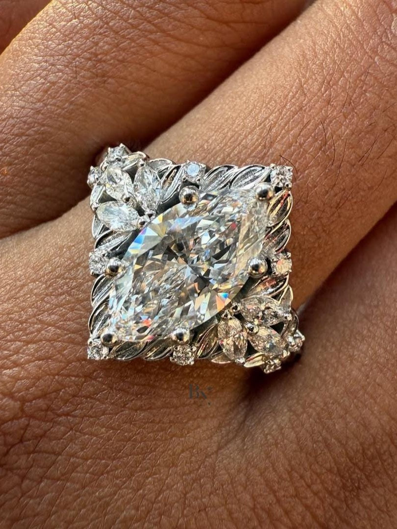 1.50ct Marquise Lab Grown Diamond Engagement Ring | Nature Inspired Leaf Accent Halo 14K Gold