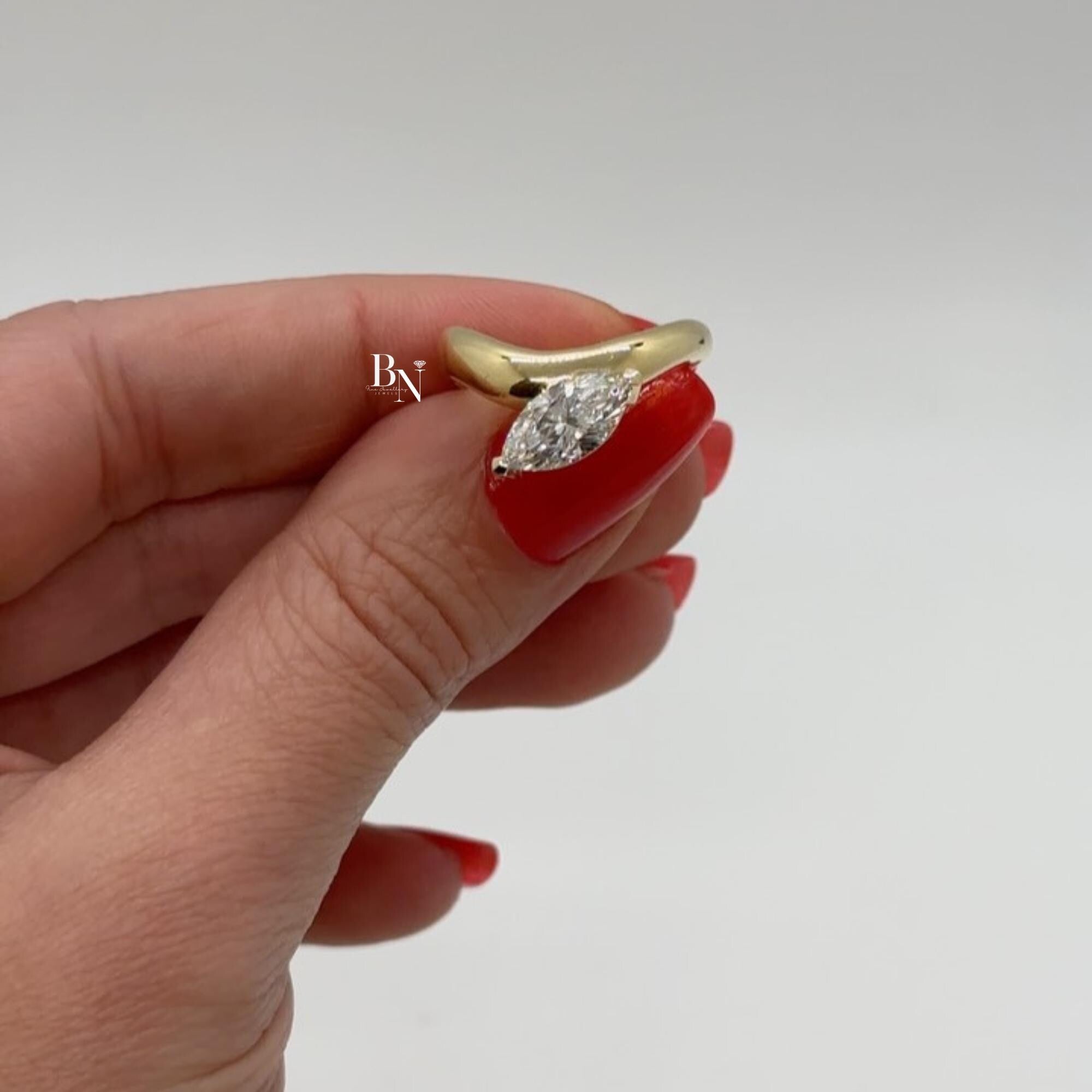 1.00ct Marquise Lab Diamond Ring | East West Bezel Set Solitaire | Yellow Gold Bypass Engagement Ring | Modern Bridal