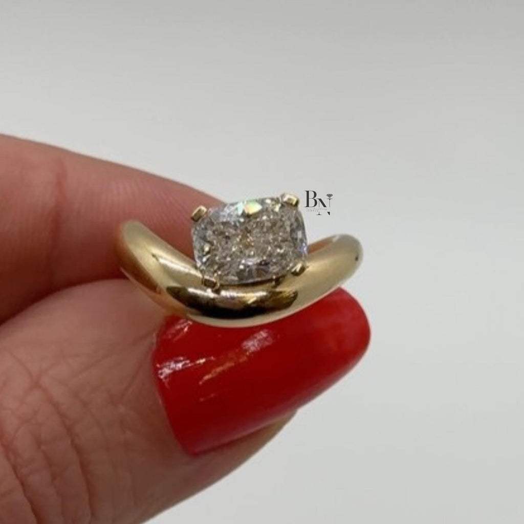 1.00ct Cushion Lab Diamond Engagement Ring | Yellow Gold Bypass Solitaire | Semi Bezel Set Unique Bridal Ring | Modern Sculptural