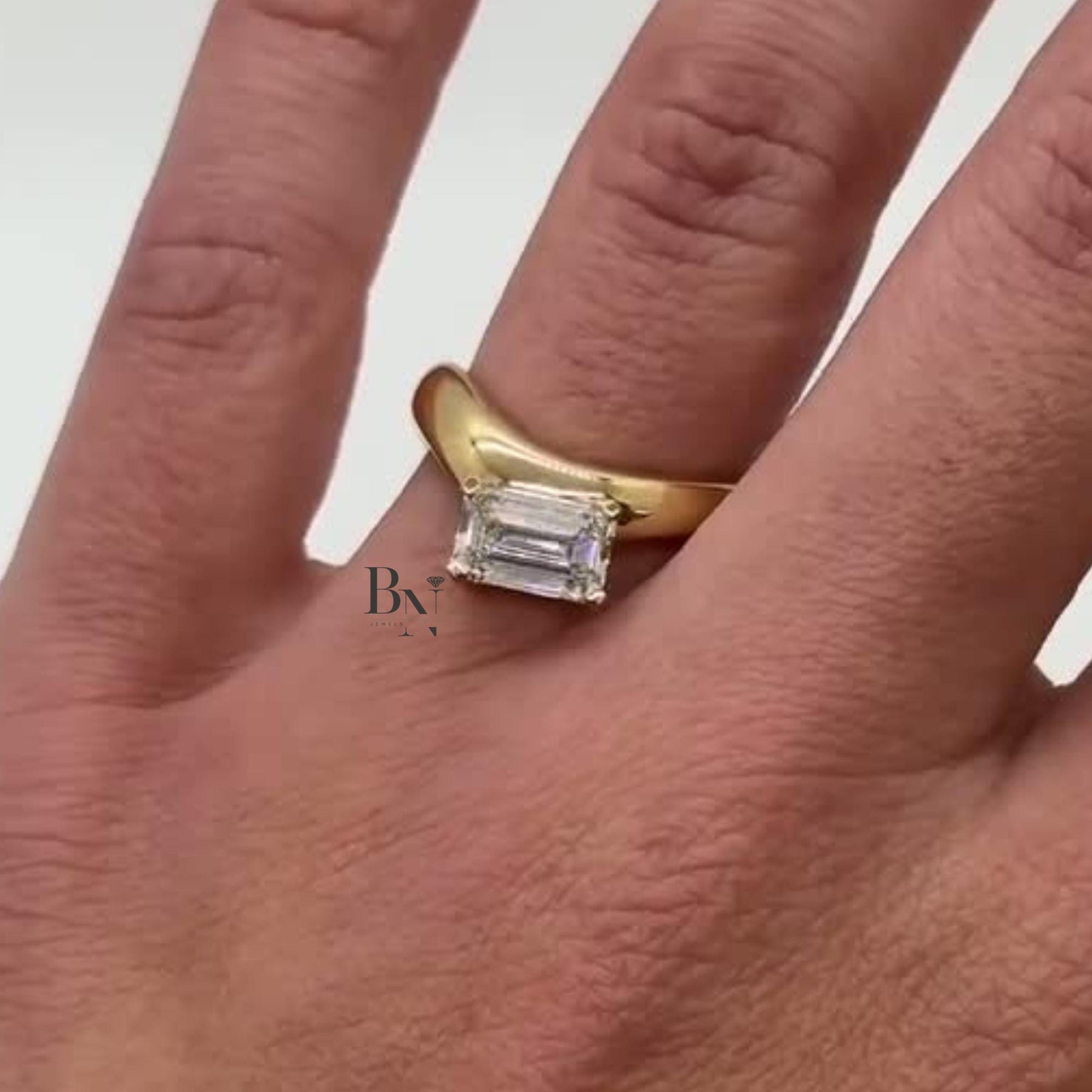 1ct Emerald Cut Lab Grown Diamond Engagement Ring | East West Bypass Solitaire 14K Yellow Gold