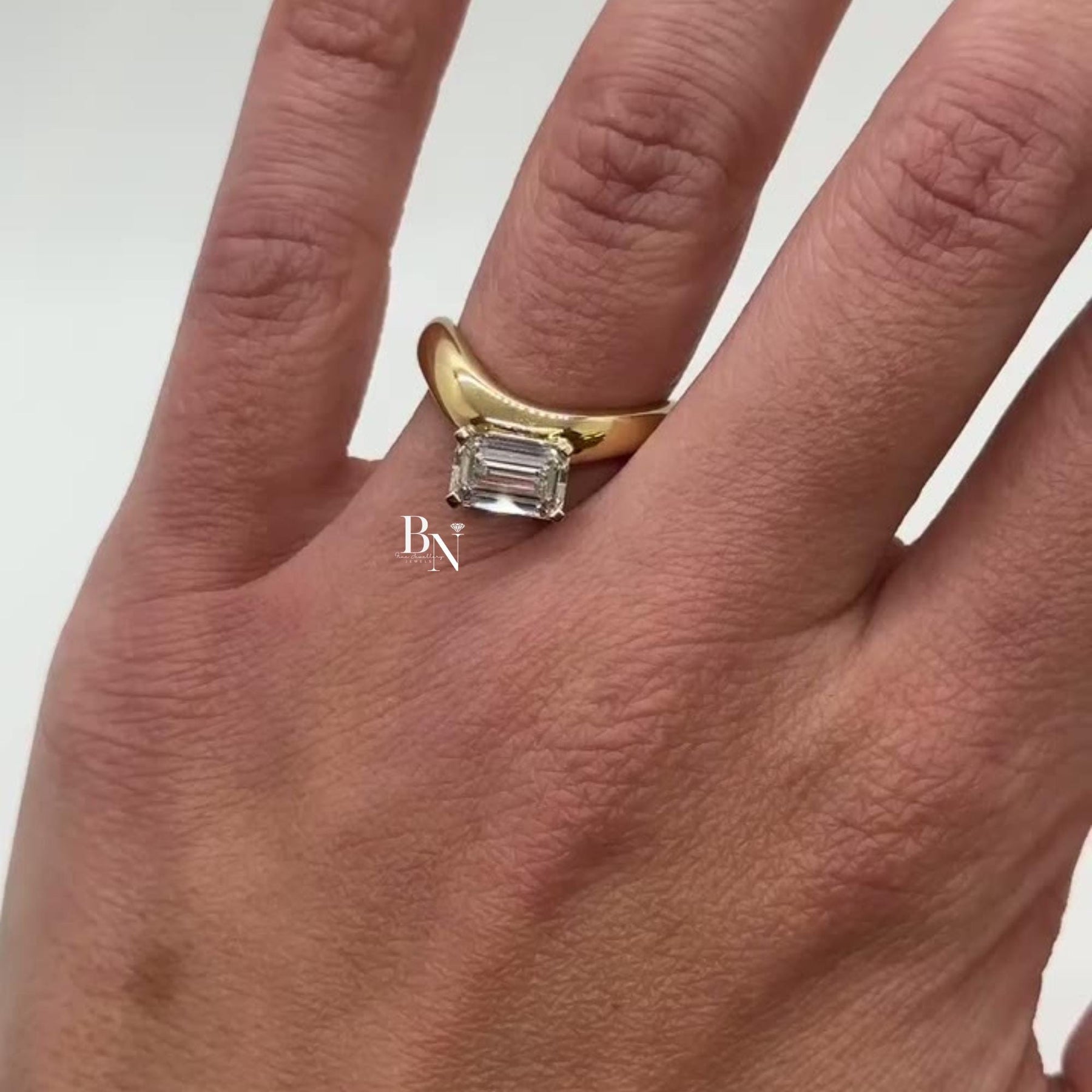 1ct Emerald Cut Lab Grown Diamond Engagement Ring | East West Bypass Solitaire 14K Yellow Gold
