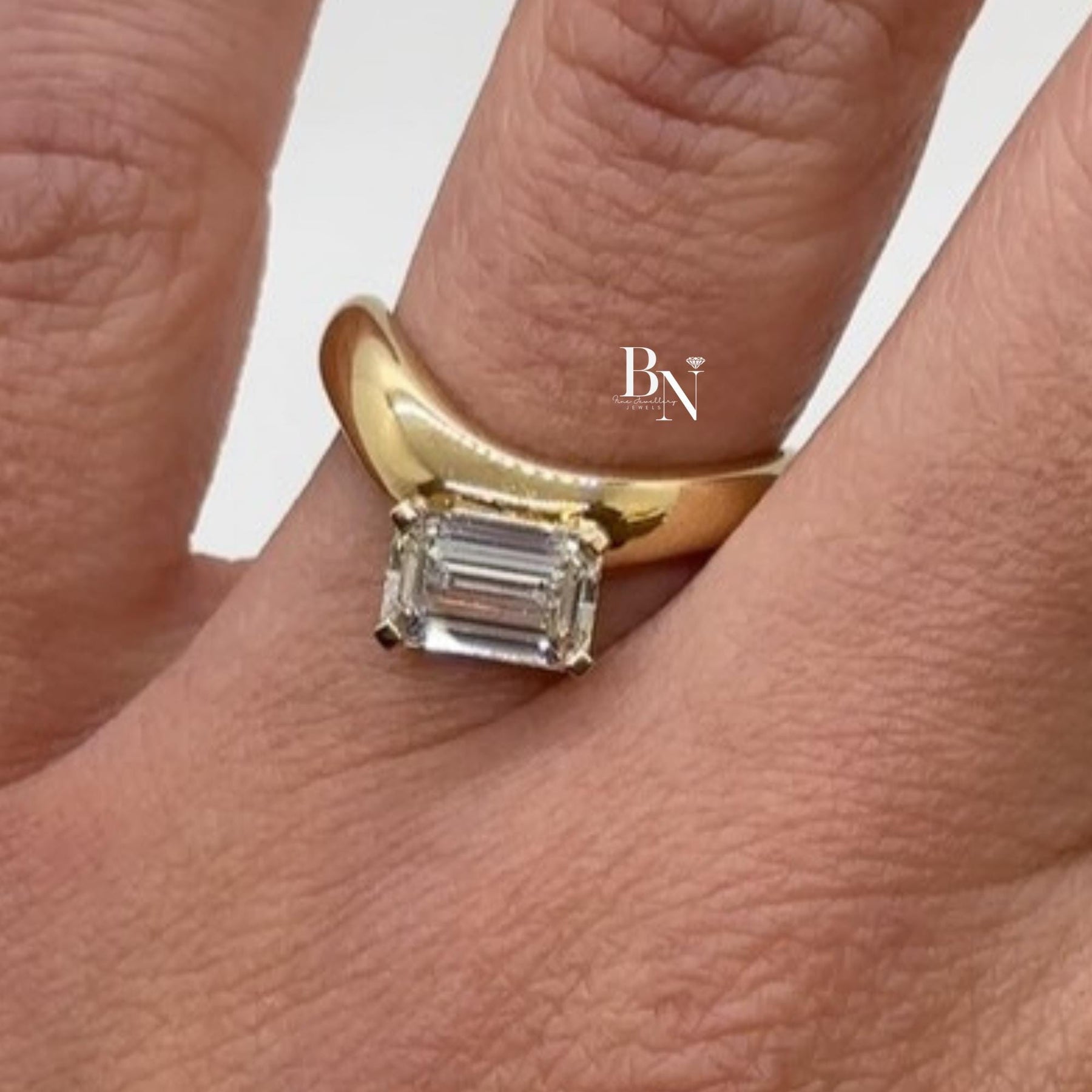 1ct Emerald Cut Lab Grown Diamond Engagement Ring | East West Bypass Solitaire 14K Yellow Gold