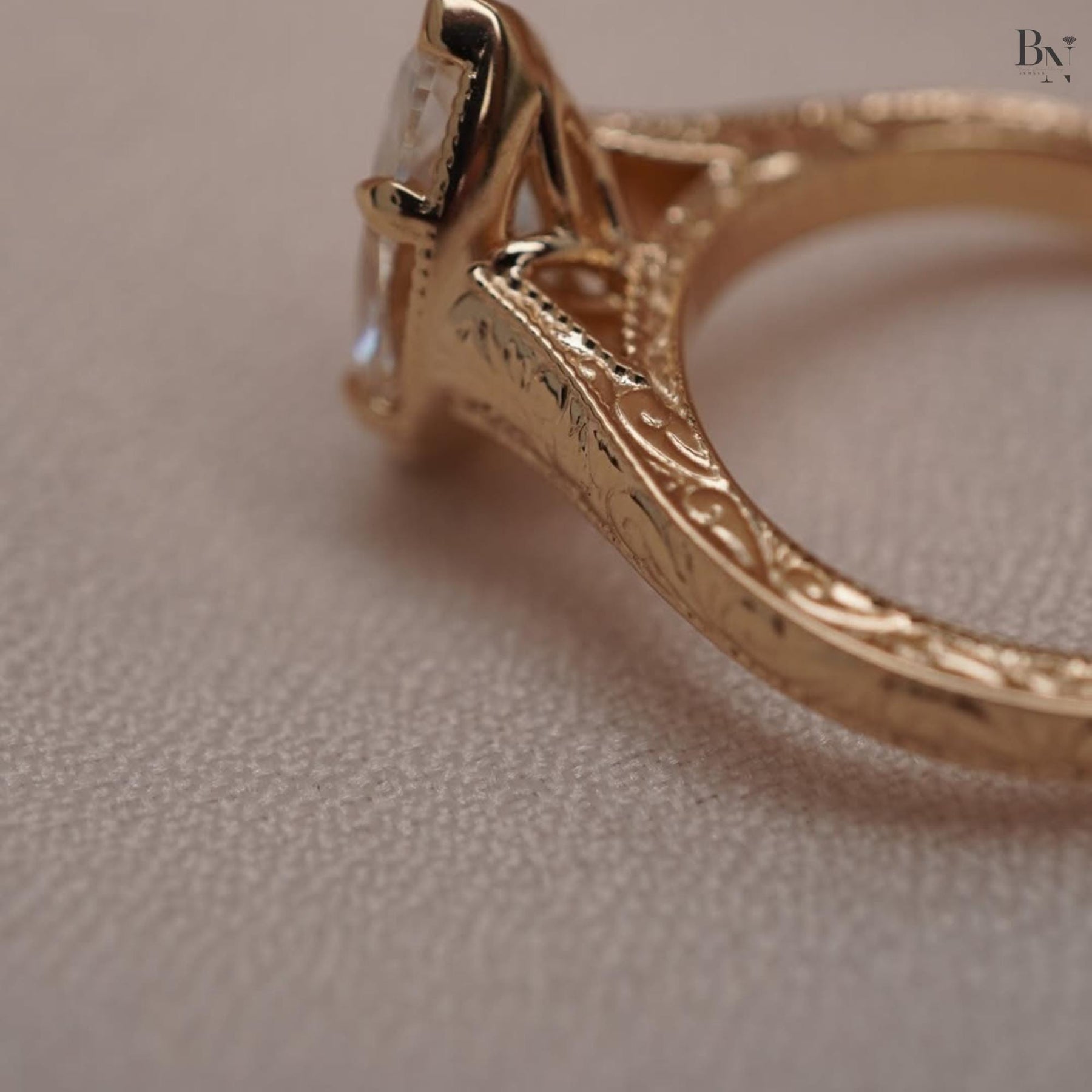 3ct Marquise Lab Grown Diamond Engagement Ring | Vintage Hand Engraved Solitaire 14K Gold