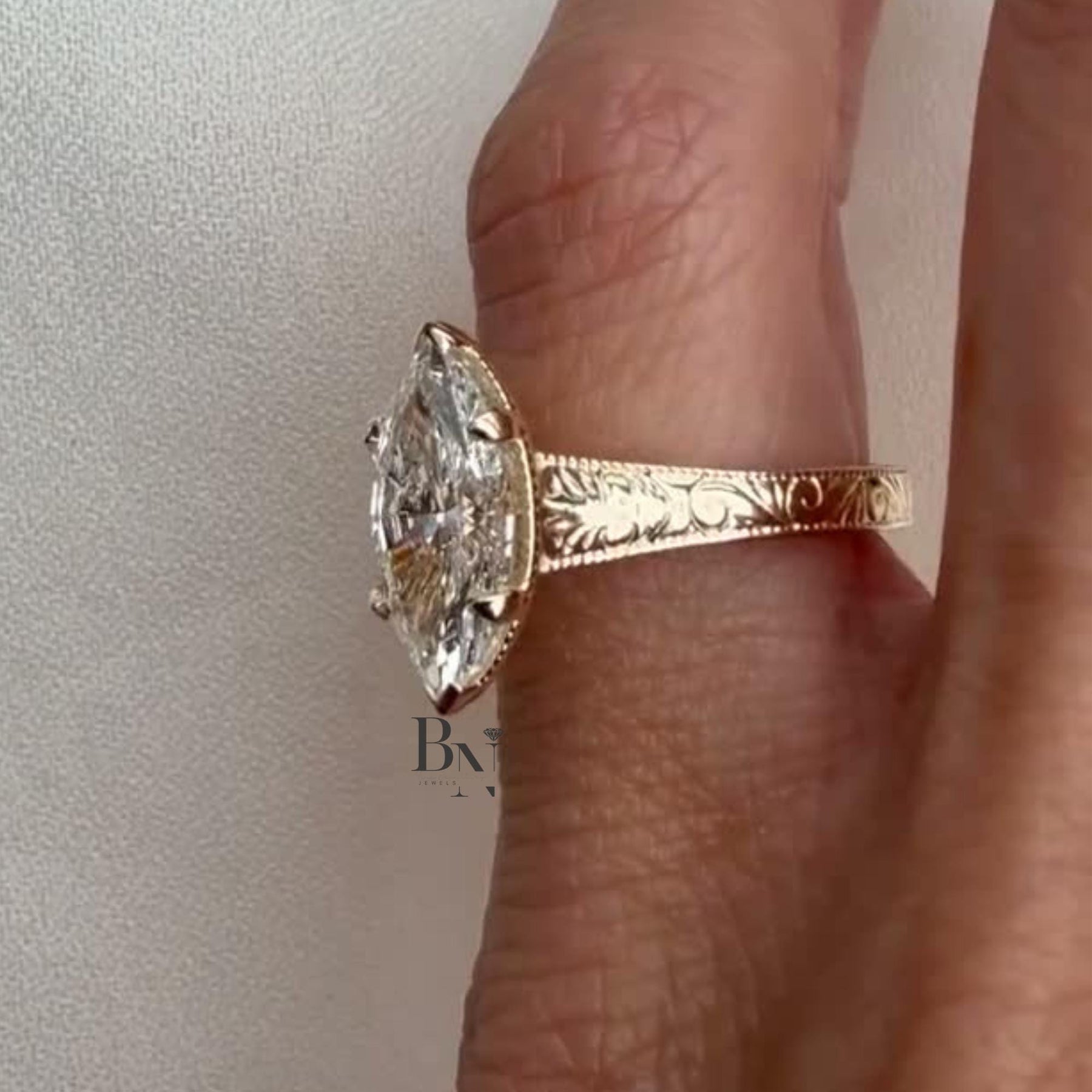 3ct Marquise Lab Grown Diamond Engagement Ring | Vintage Hand Engraved Solitaire 14K Gold
