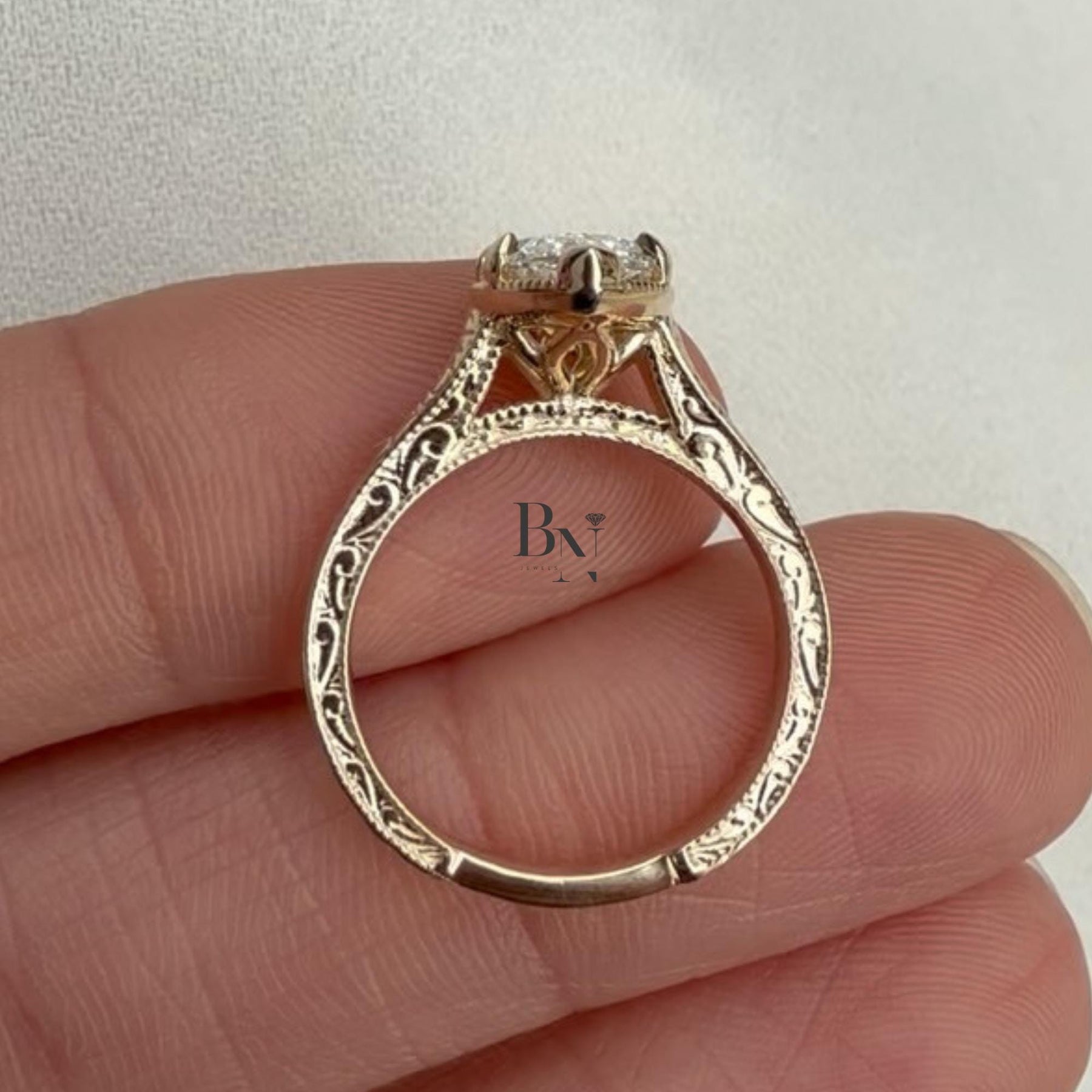 3ct Marquise Lab Grown Diamond Engagement Ring | Vintage Hand Engraved Solitaire 14K Gold