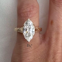 3ct Marquise Lab Grown Diamond Engagement Ring | Vintage Hand Engraved Solitaire 14K Gold
