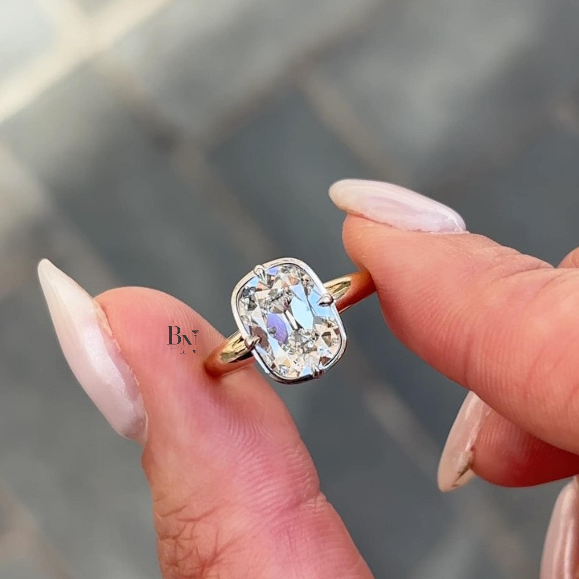 3.00ct Old Mine Cushion Lab Diamond Ring | Yellow Gold Bypass Solitaire | Two Tone Semi Bezel Engagement Ring | Vintage Modern
