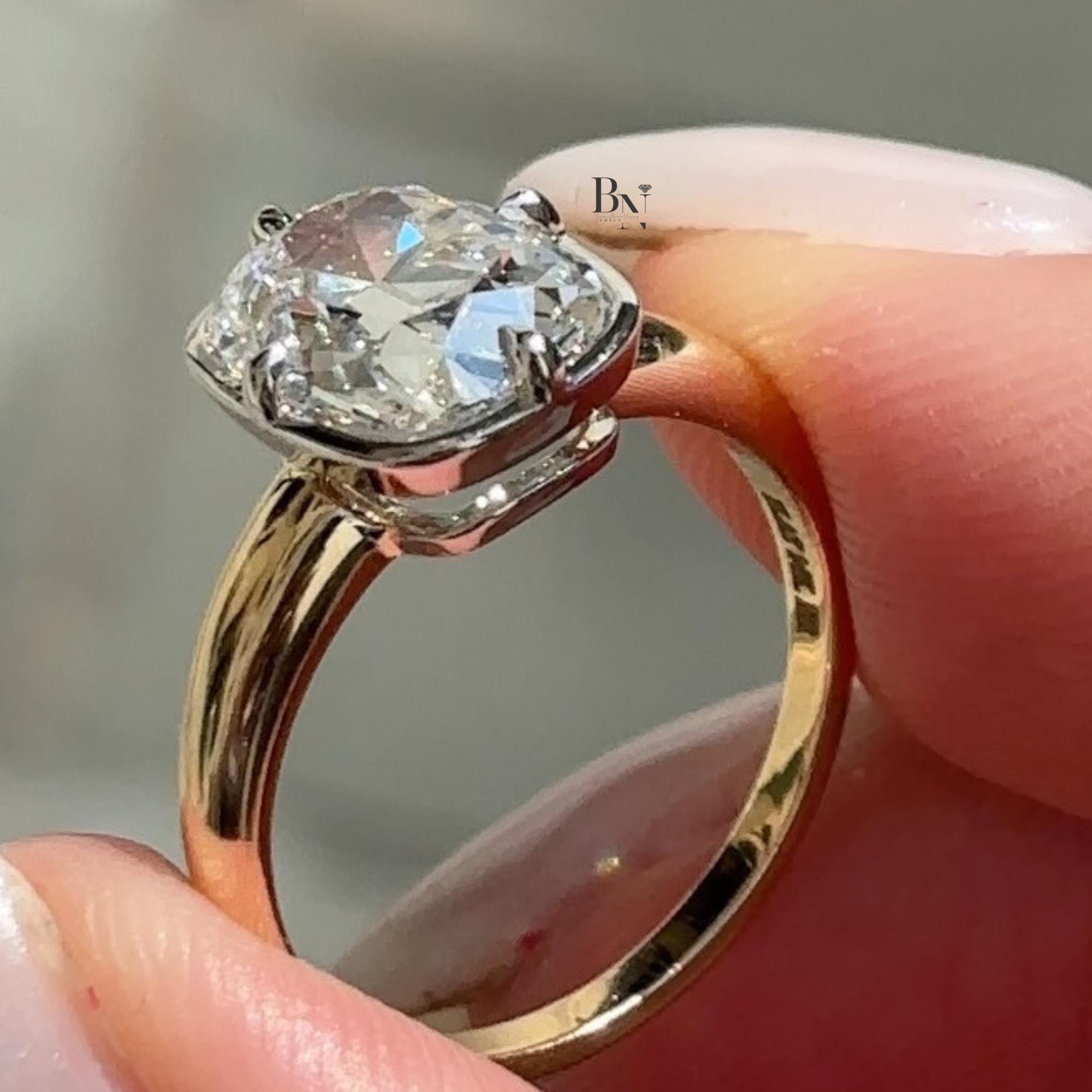 3.00ct Old Mine Cushion Lab Diamond Ring | Yellow Gold Bypass Solitaire | Two Tone Semi Bezel Engagement Ring | Vintage Modern