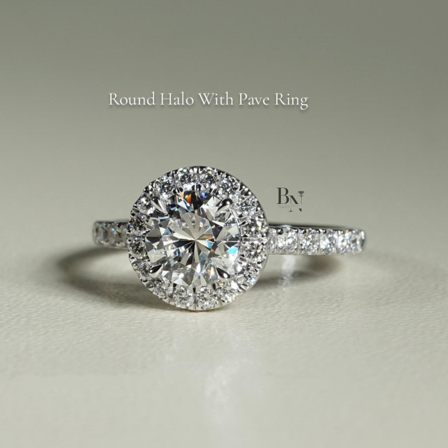 1ct Round Lab Grown Diamond Engagement Ring | Halo Pavé Band 14K White Gold