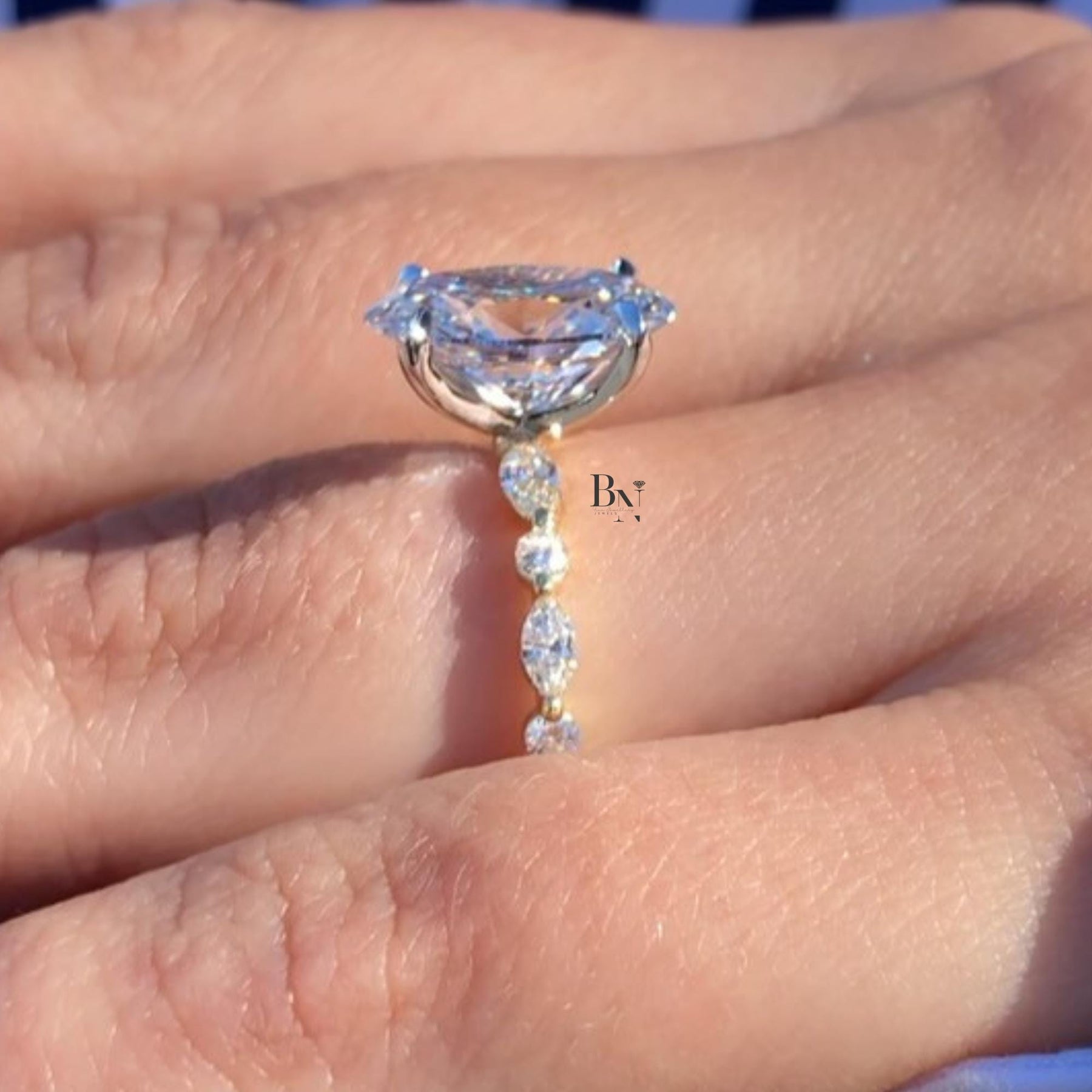 3ct Oval Lab Grown Diamond Engagement Ring | Marquise Accent Band 14K Yellow Gold