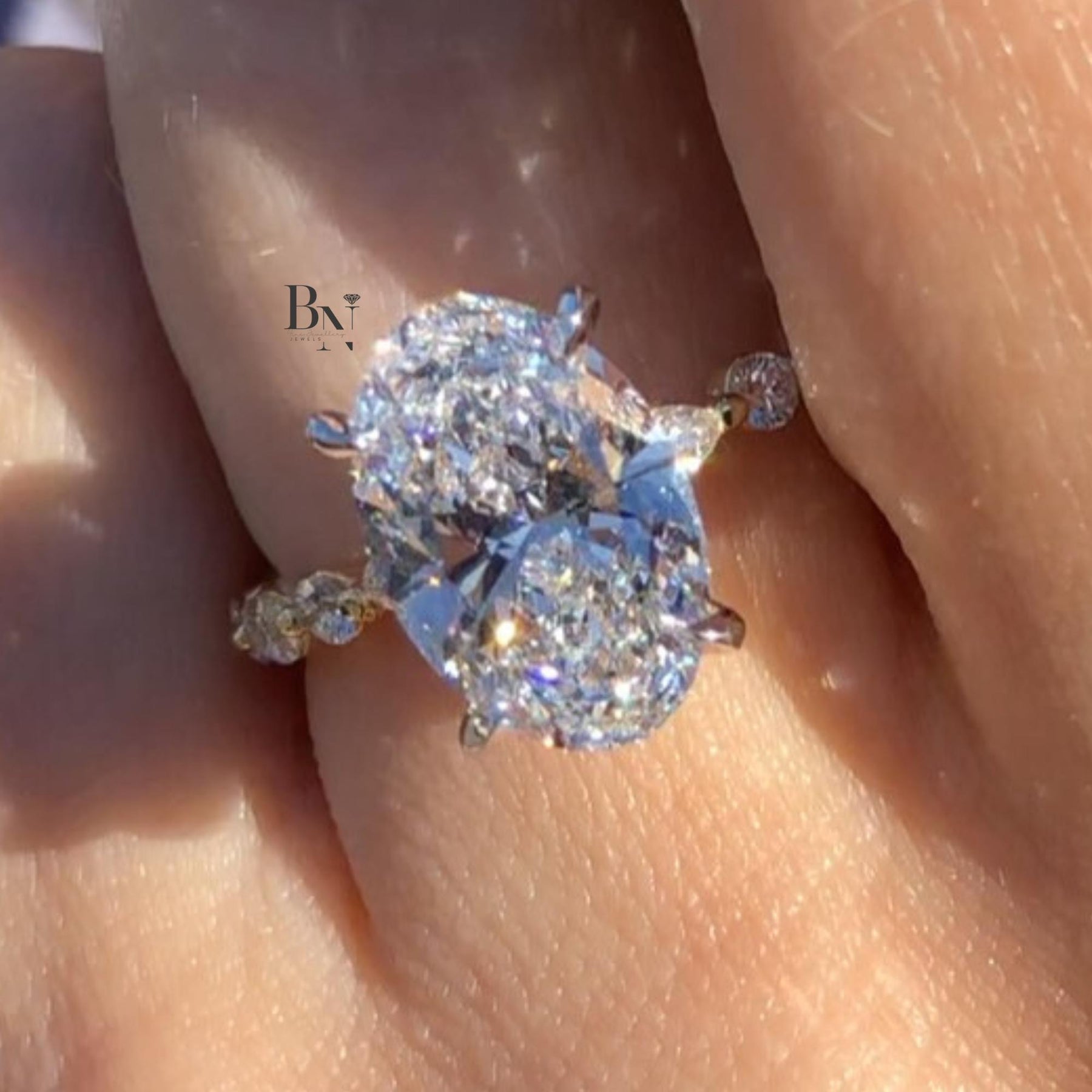 3ct Oval Lab Grown Diamond Engagement Ring | Marquise Accent Band 14K Yellow Gold